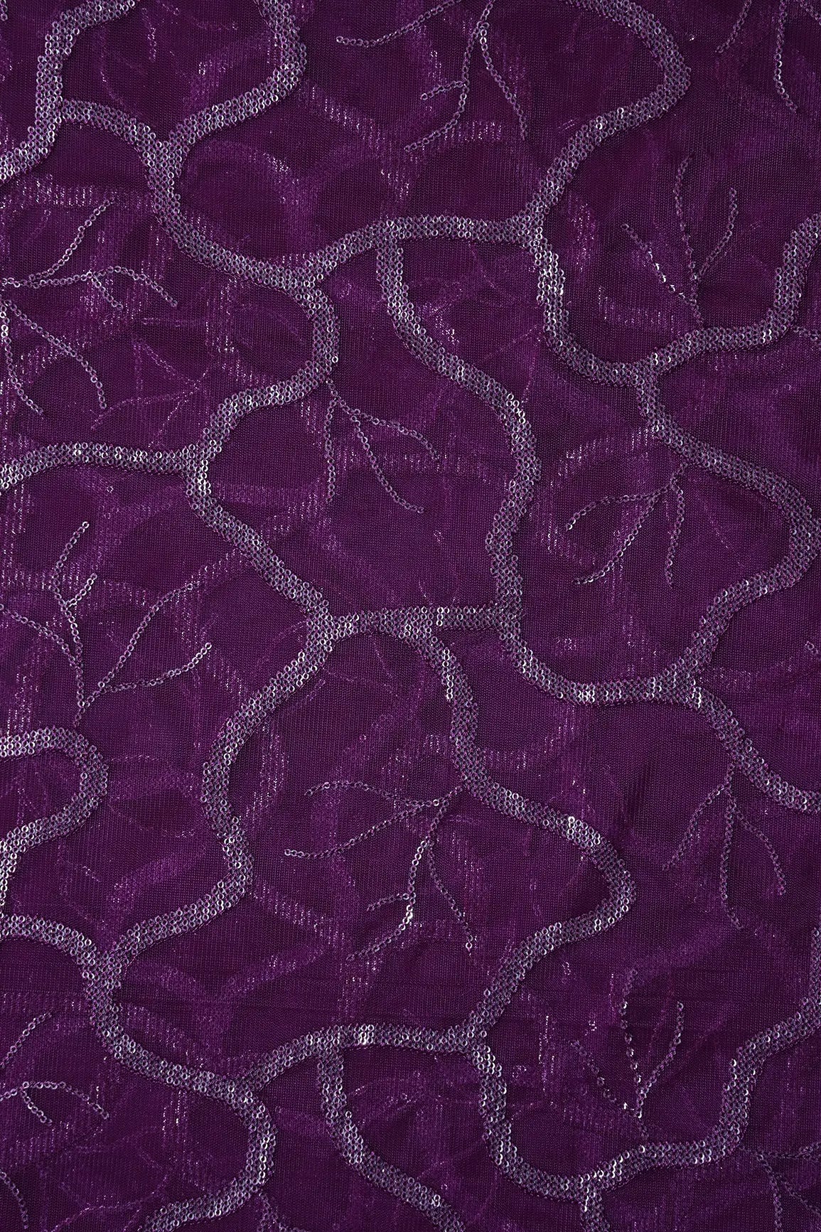 Wine Thread With Water Sequins Abstract Embroidery Work On Wine Soft Net Fabric