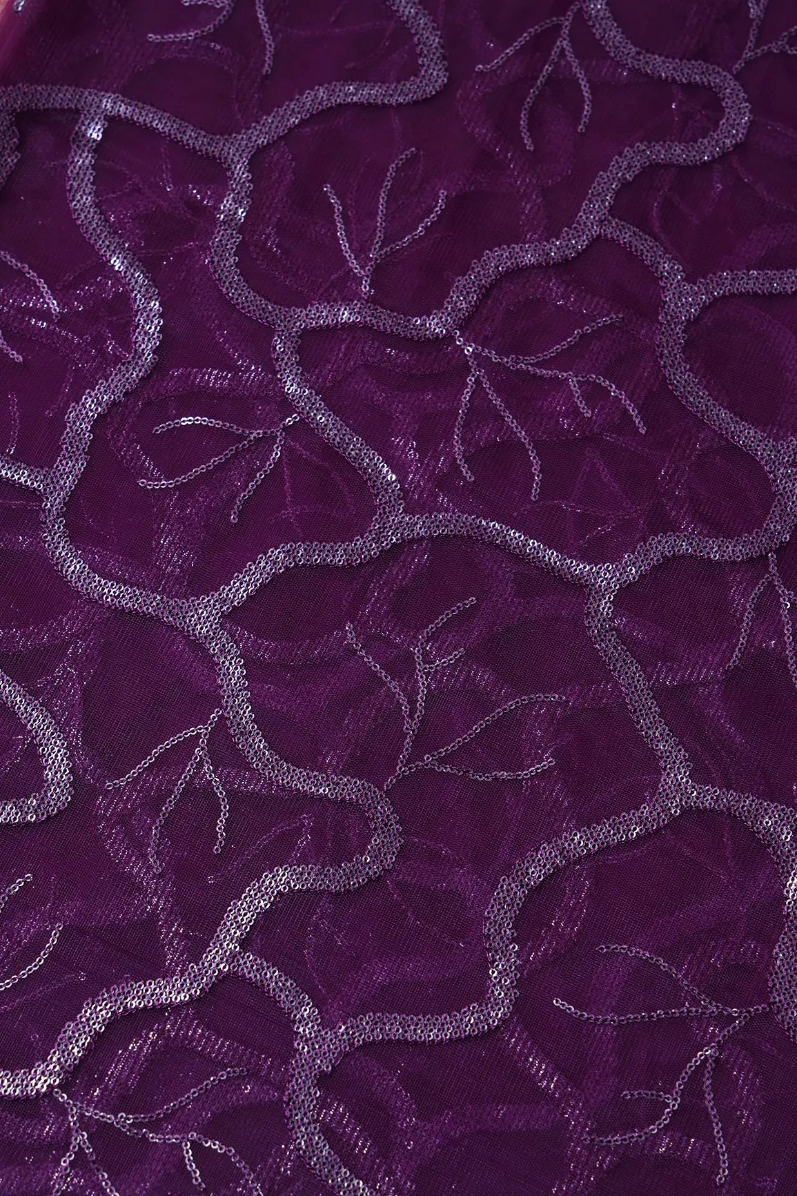 Wine Thread With Water Sequins Abstract Embroidery Work On Wine Soft Net Fabric