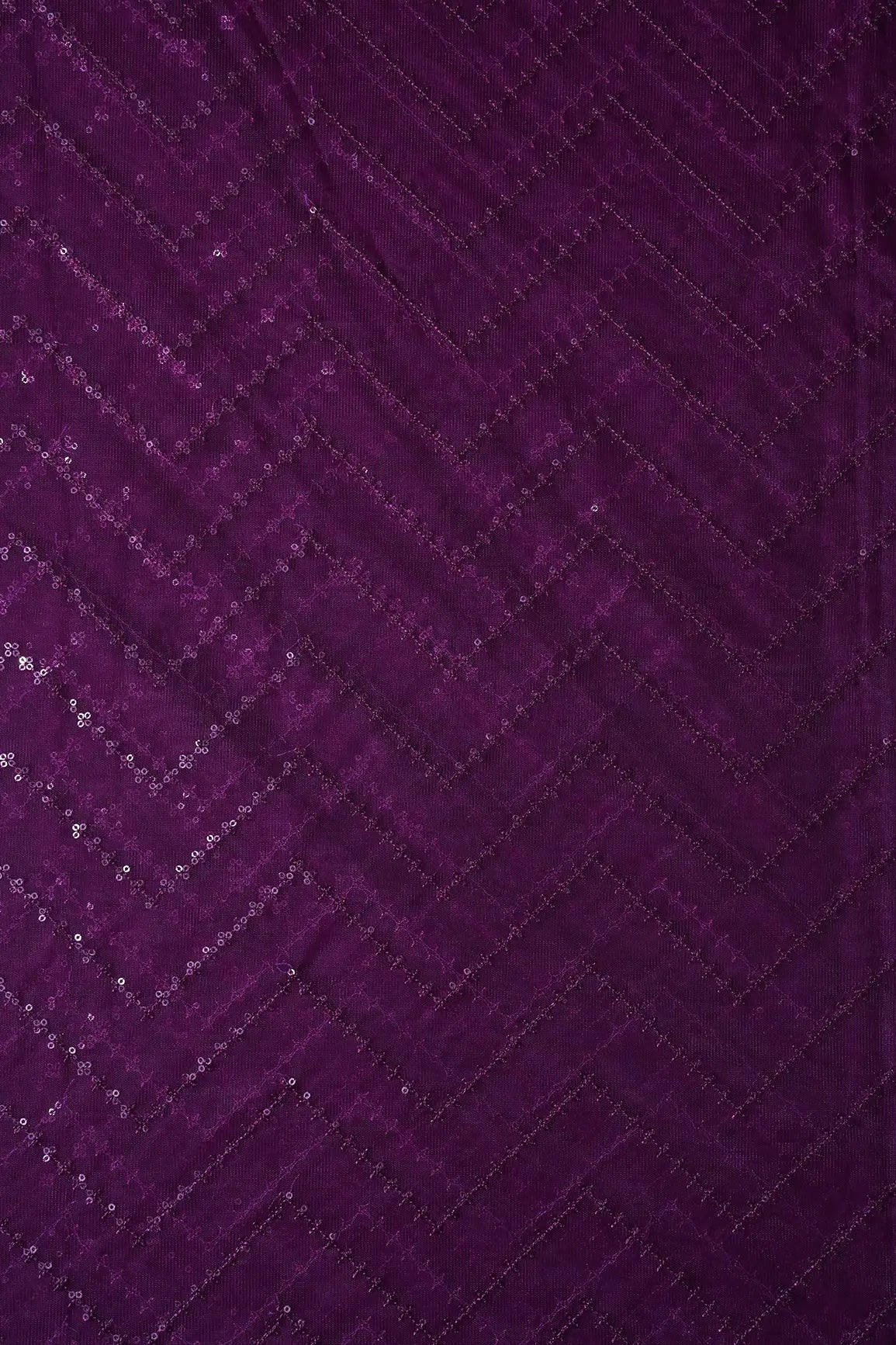 Wine Sequins Chevron Embroidery Work On Wine Soft Net Fabric