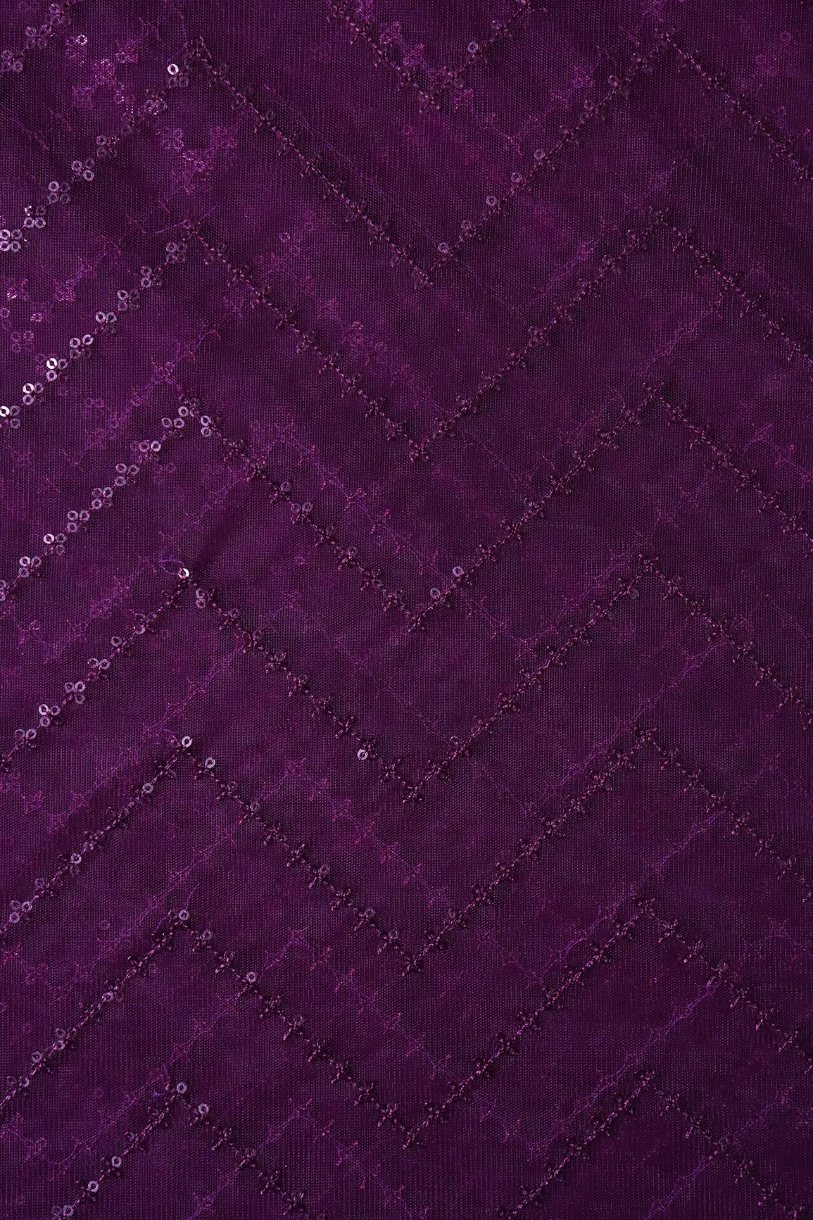 Wine Sequins Chevron Embroidery Work On Wine Soft Net Fabric