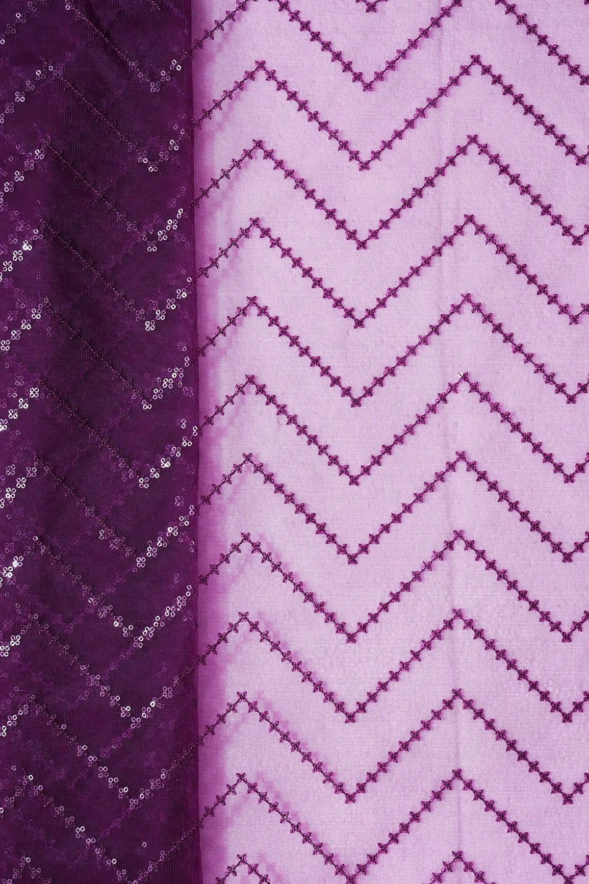 Wine Sequins Chevron Embroidery Work On Wine Soft Net Fabric