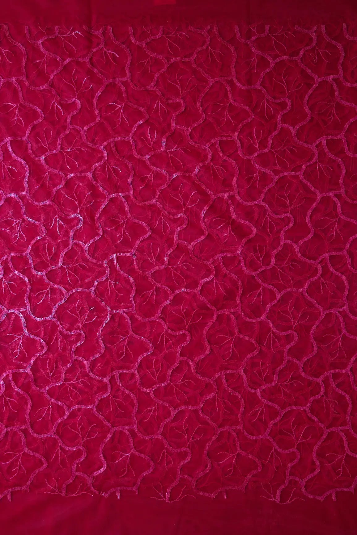 Red Thread With Red Sequins Abstract Embroidery Work On Cherry Red Soft Net Fabric