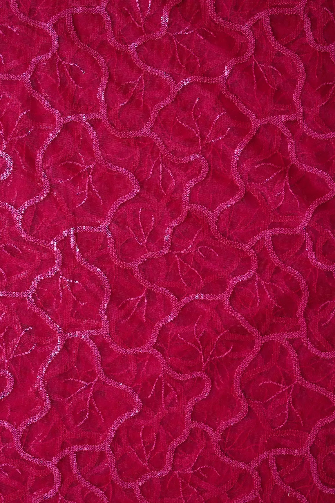 Red Thread With Red Sequins Abstract Embroidery Work On Cherry Red Soft Net Fabric