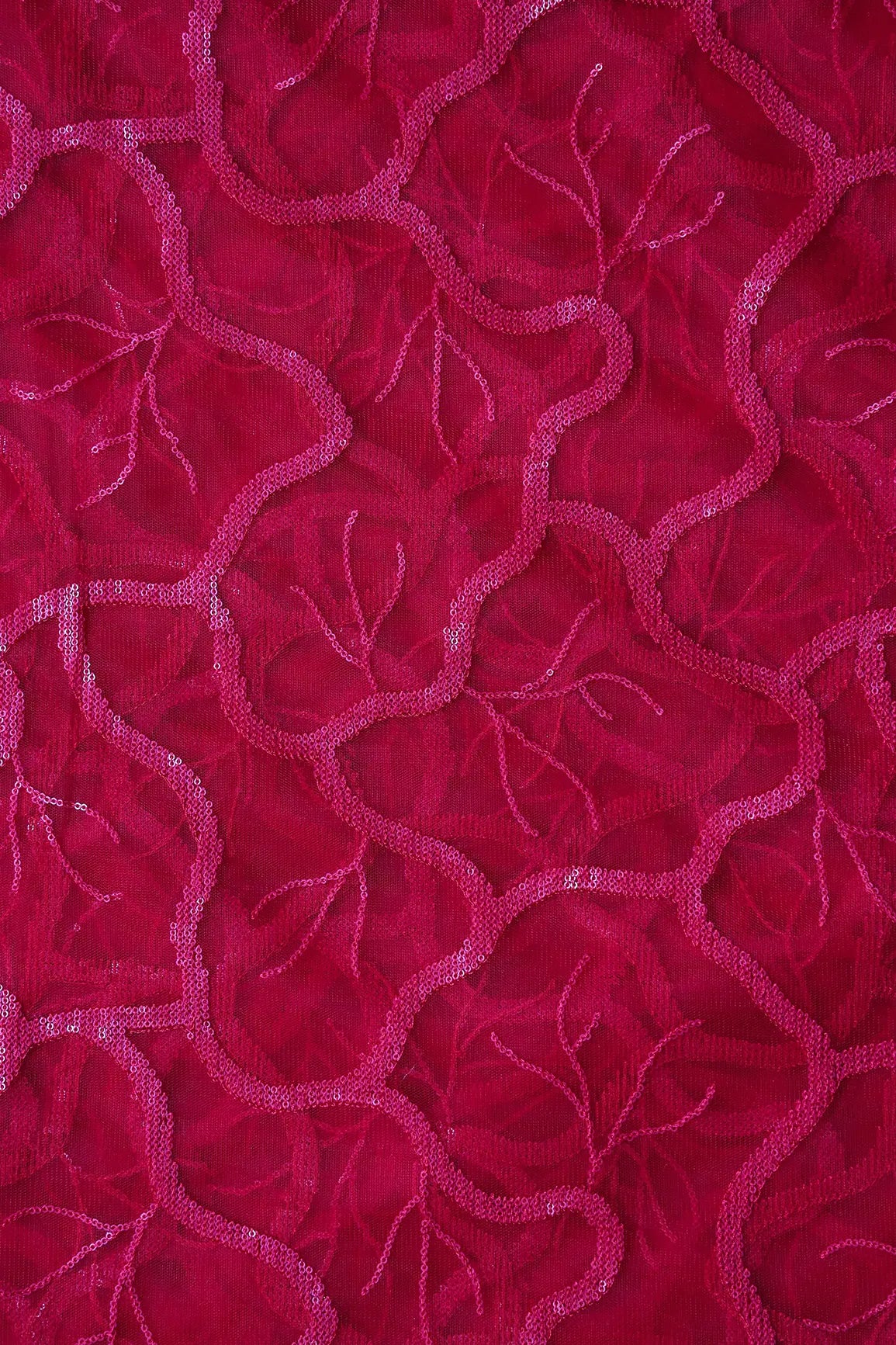 Red Thread With Red Sequins Abstract Embroidery Work On Cherry Red Soft Net Fabric