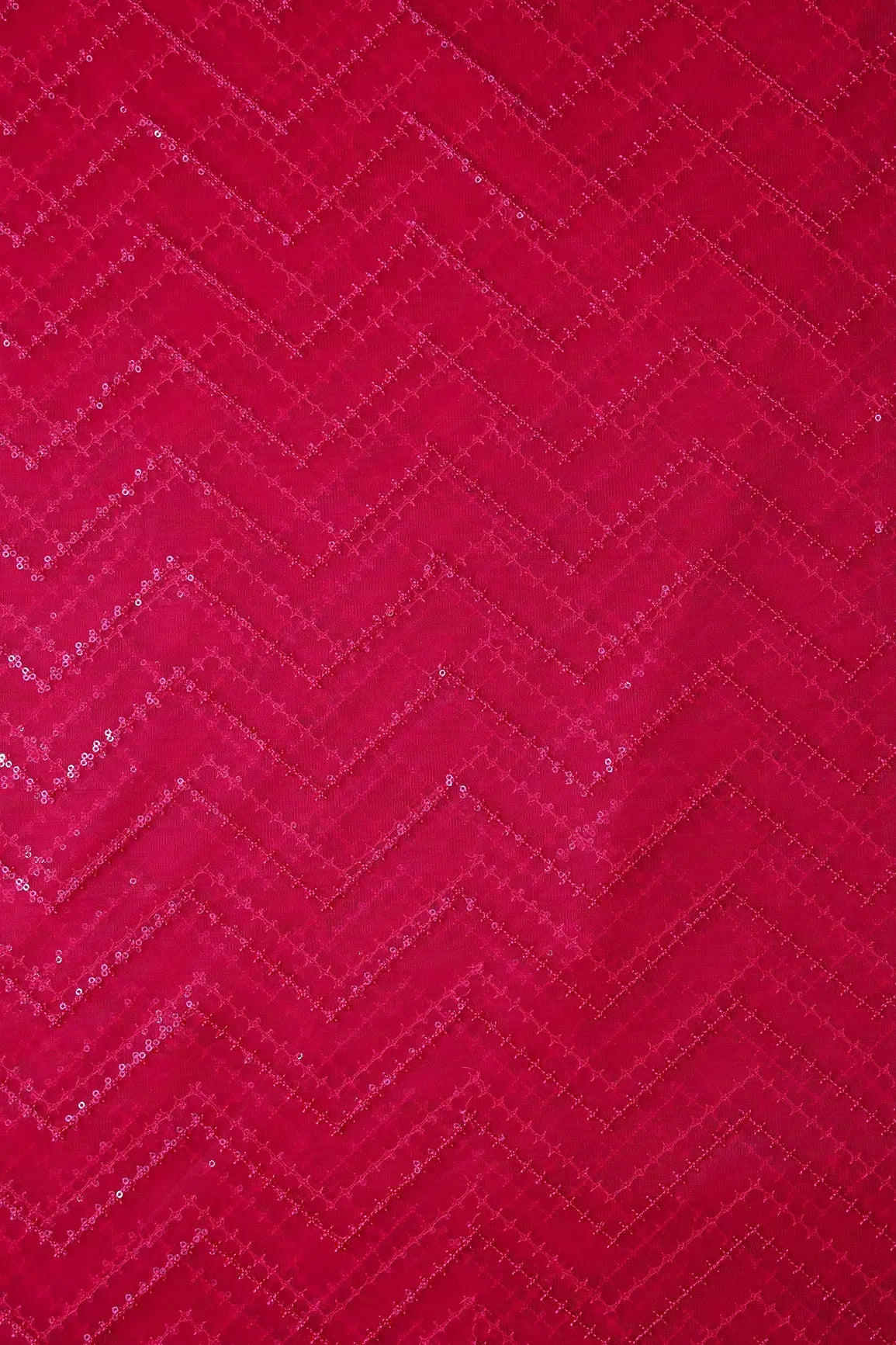 Red Sequins Chevron Embroidery Work On Cherry Red Soft Net Fabric