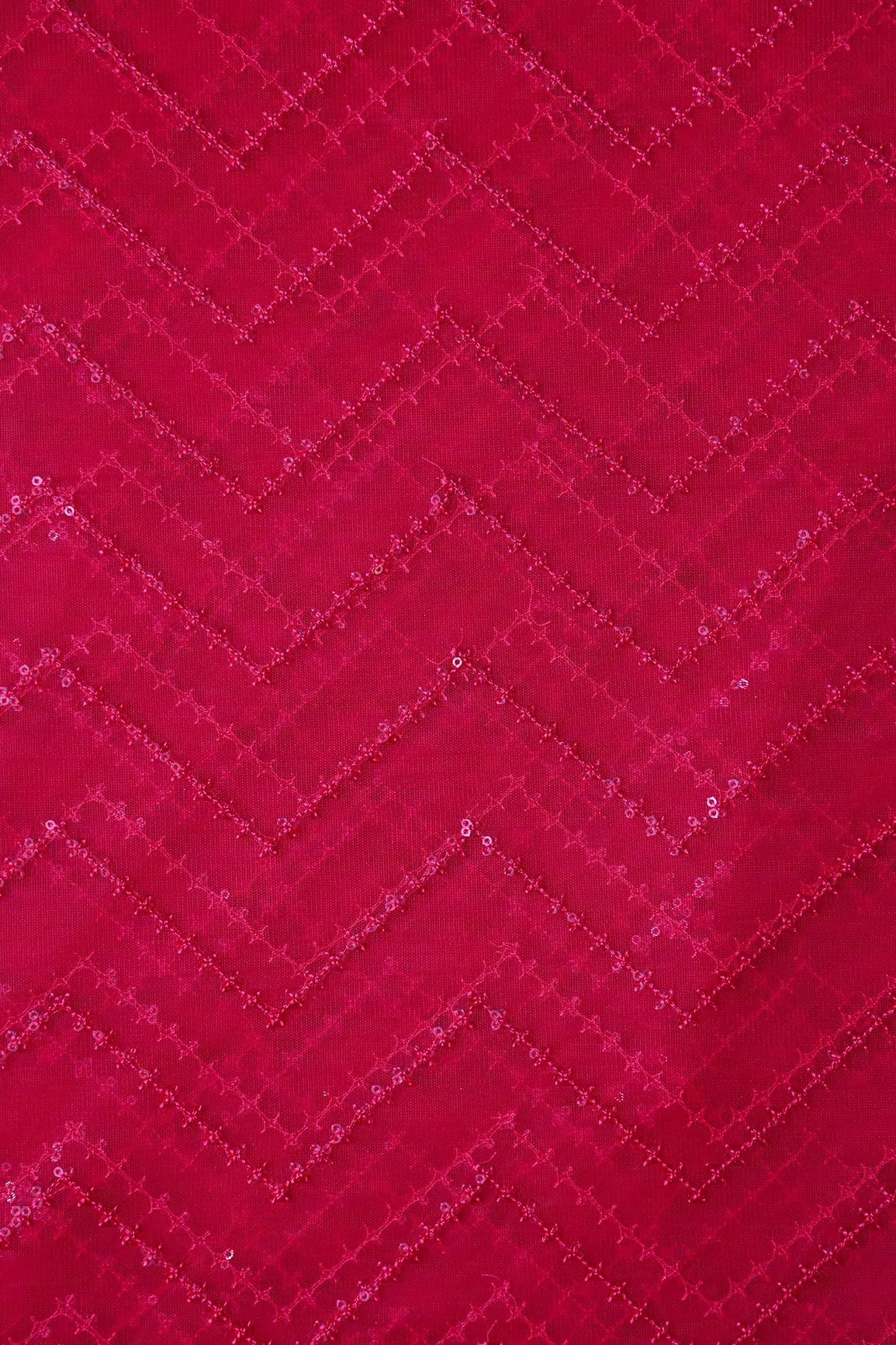 Red Sequins Chevron Embroidery Work On Cherry Red Soft Net Fabric