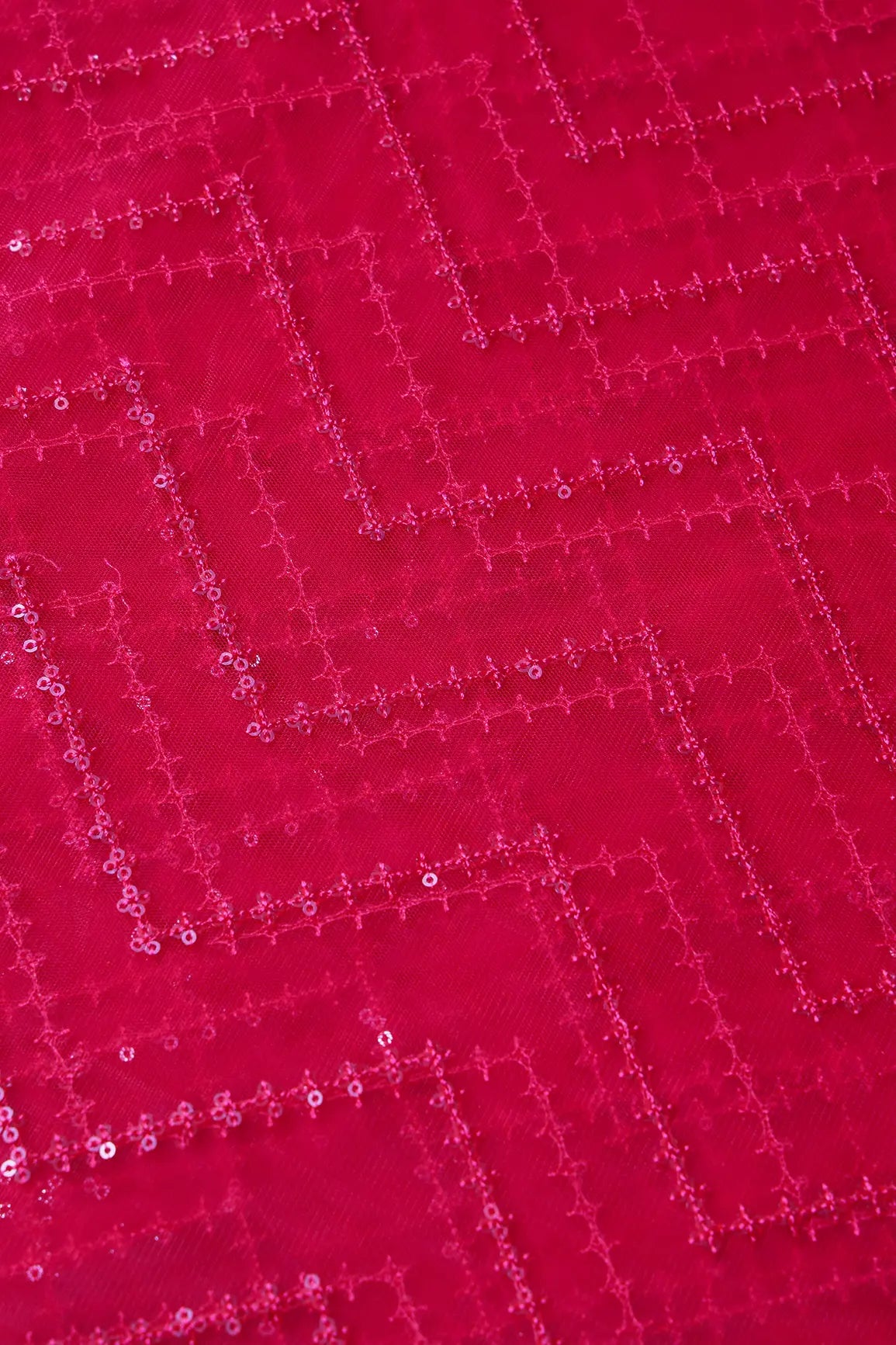 Red Sequins Chevron Embroidery Work On Cherry Red Soft Net Fabric