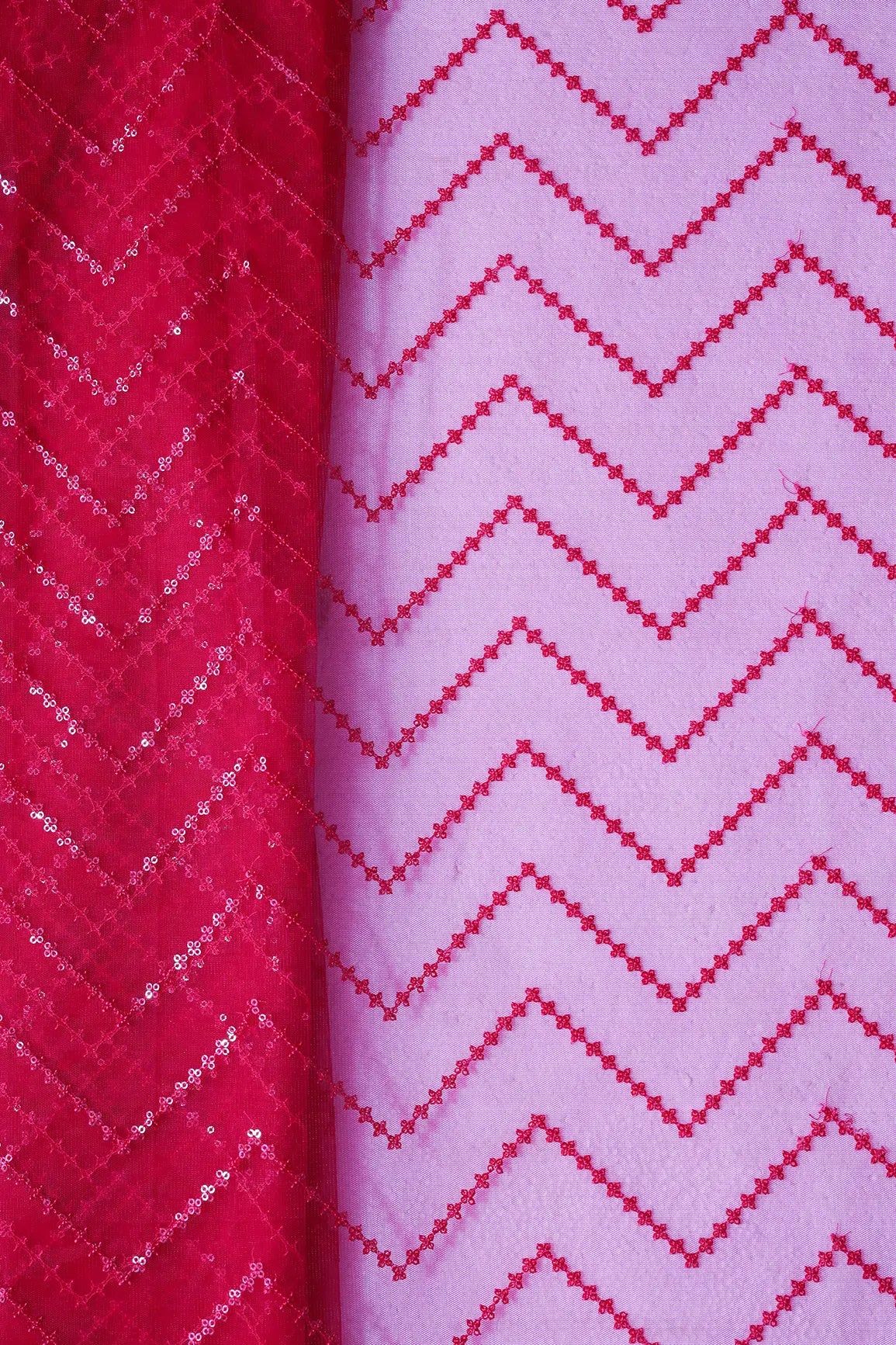 Red Sequins Chevron Embroidery Work On Cherry Red Soft Net Fabric