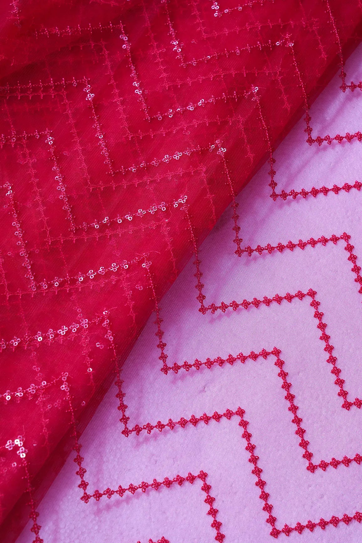 Red Sequins Chevron Embroidery Work On Cherry Red Soft Net Fabric