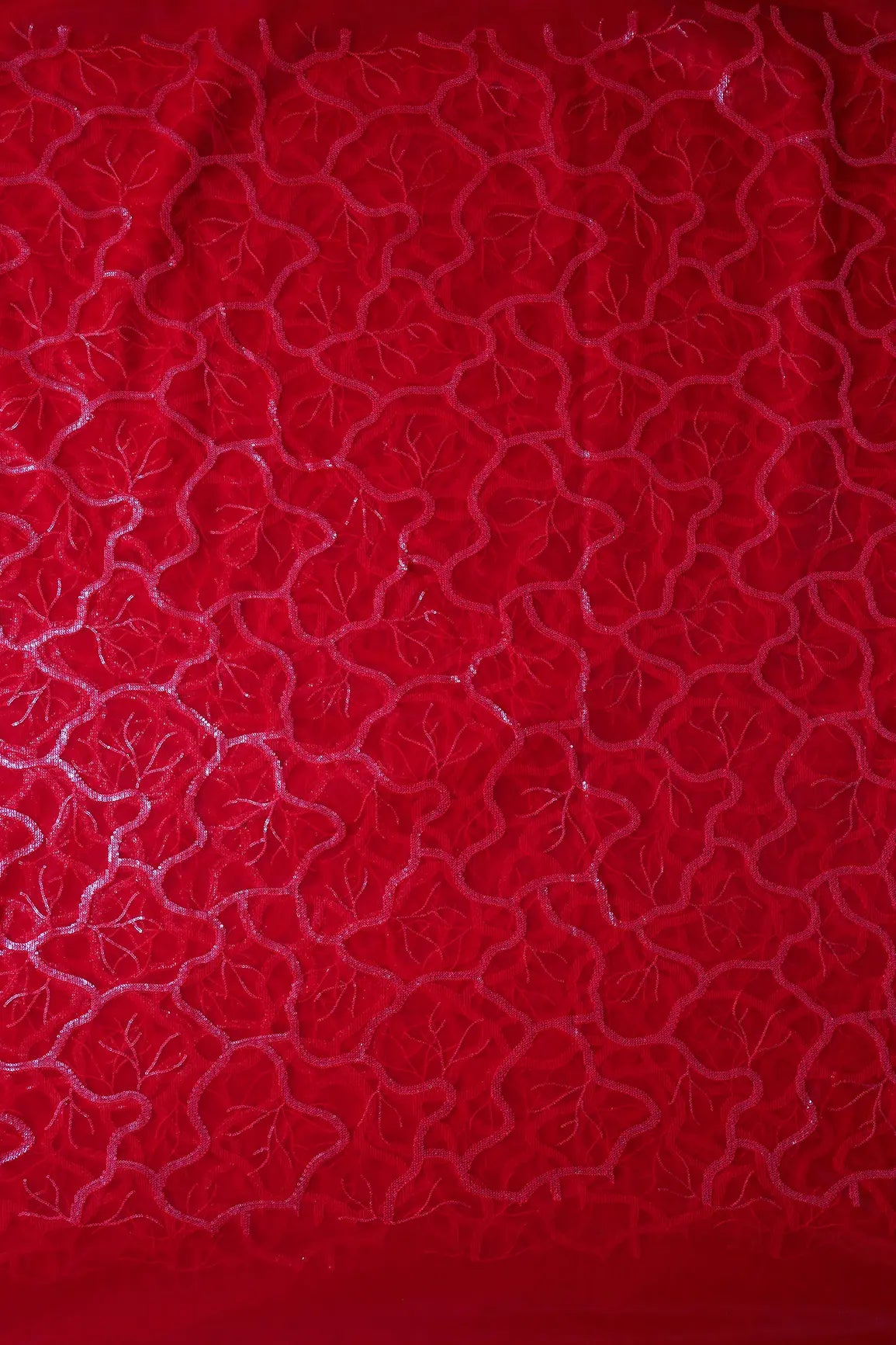 Red Thread With Water Sequins Abstract Embroidery Work On Red Soft Net Fabric