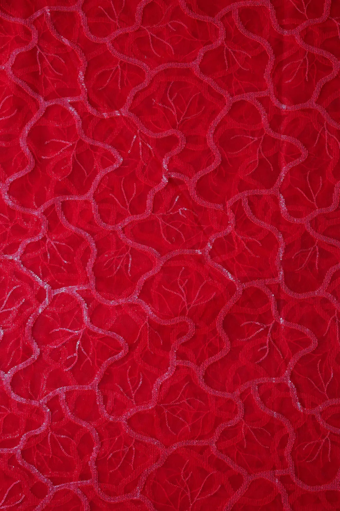 Red Thread With Water Sequins Abstract Embroidery Work On Red Soft Net Fabric