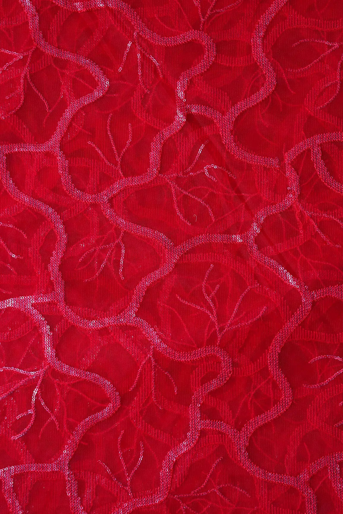 Red Thread With Water Sequins Abstract Embroidery Work On Red Soft Net Fabric