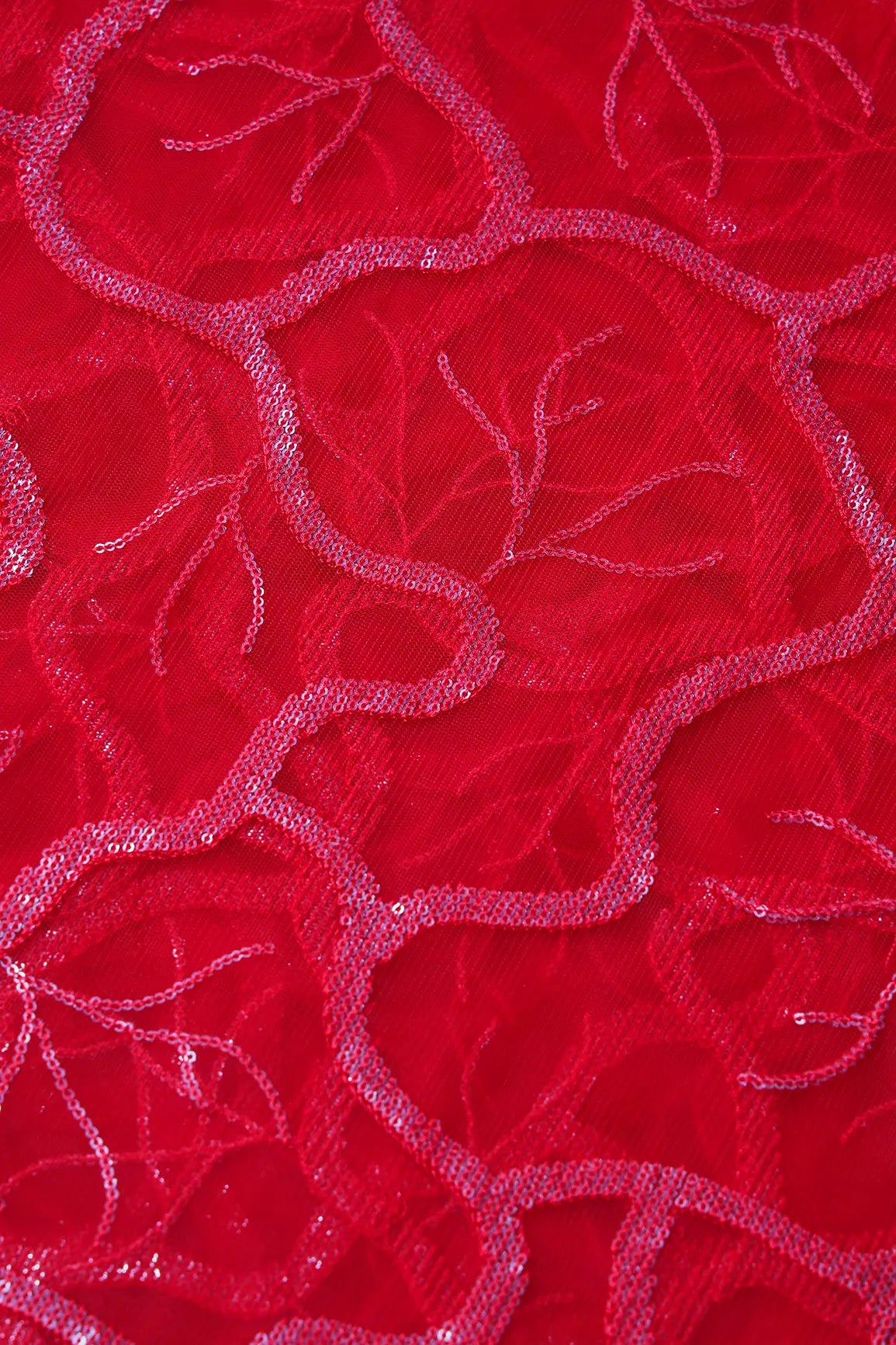 Red Thread With Water Sequins Abstract Embroidery Work On Red Soft Net Fabric