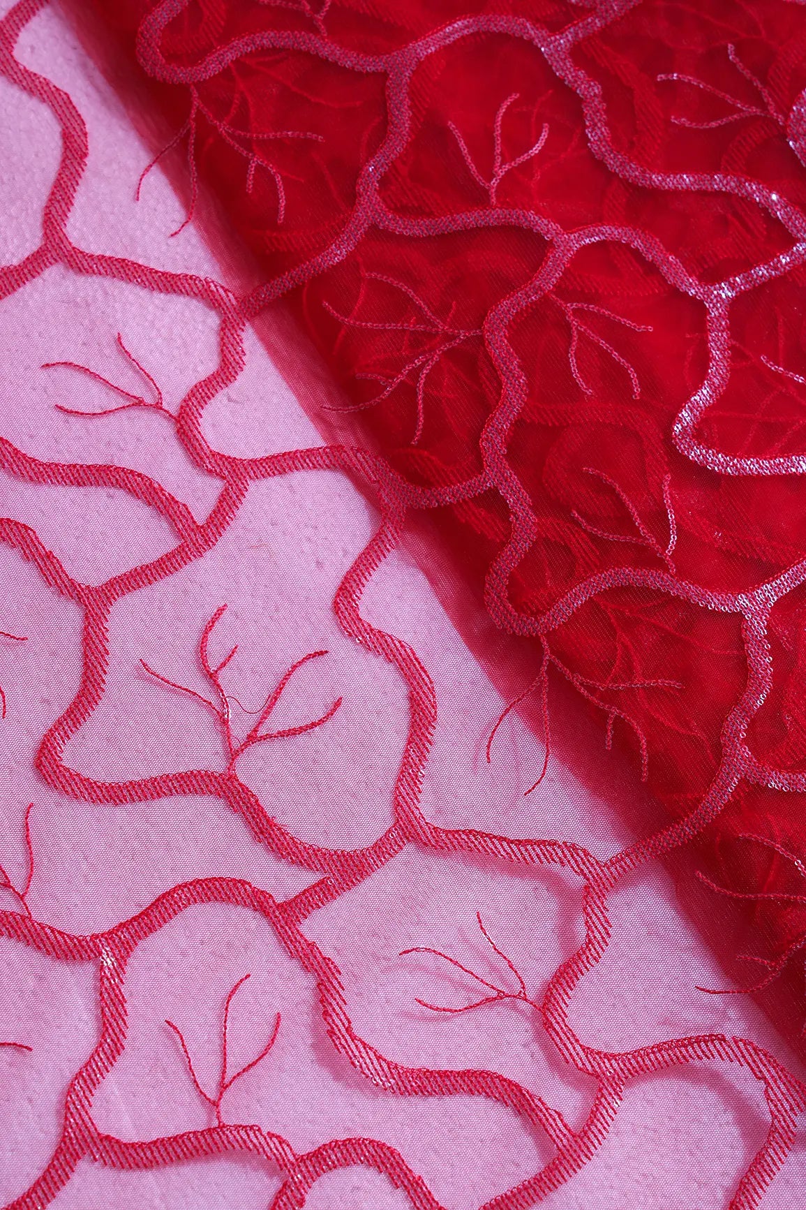 Red Thread With Water Sequins Abstract Embroidery Work On Red Soft Net Fabric