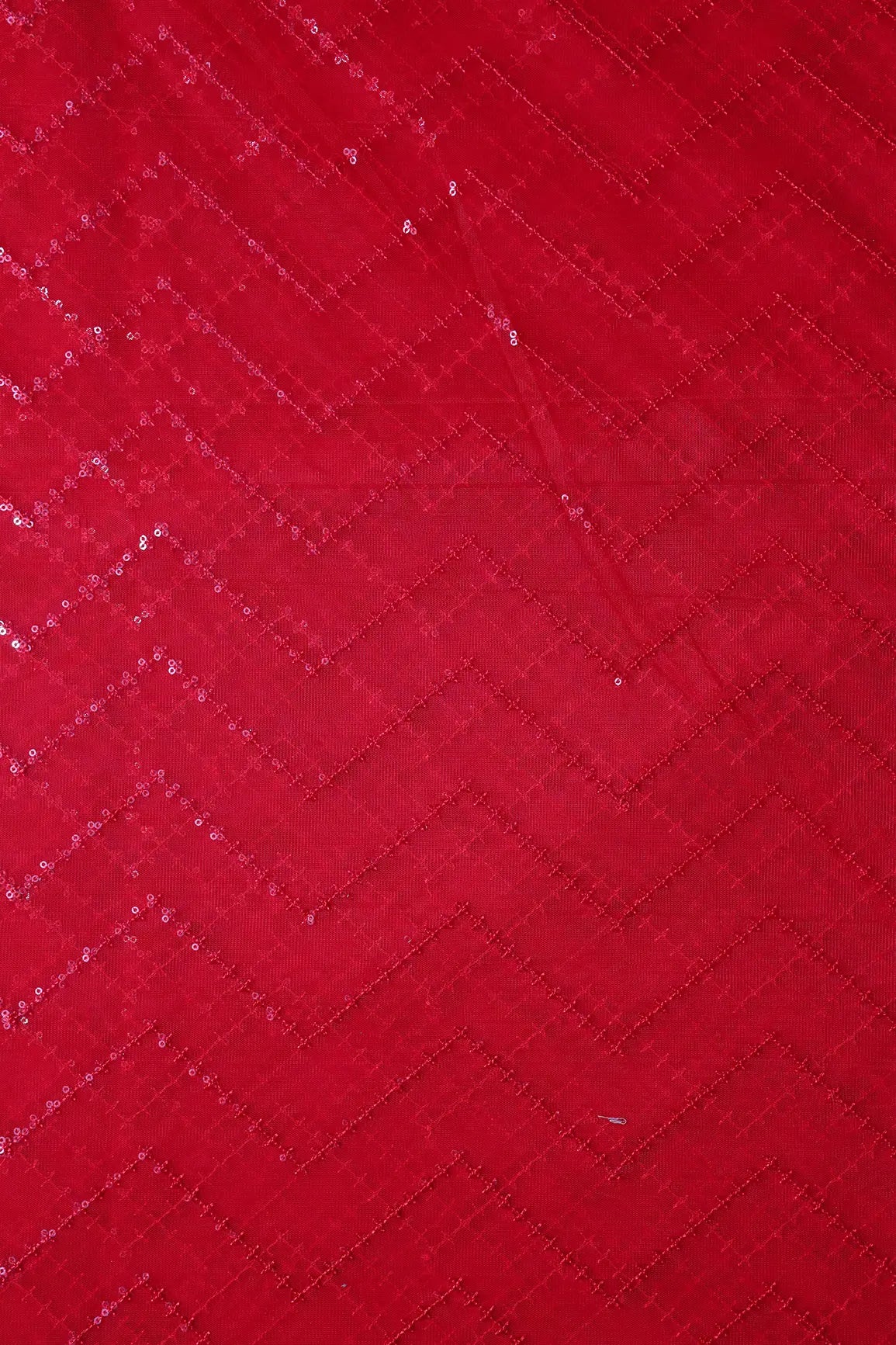 Red Sequins Chevron Embroidery Work On Red Soft Net Fabric