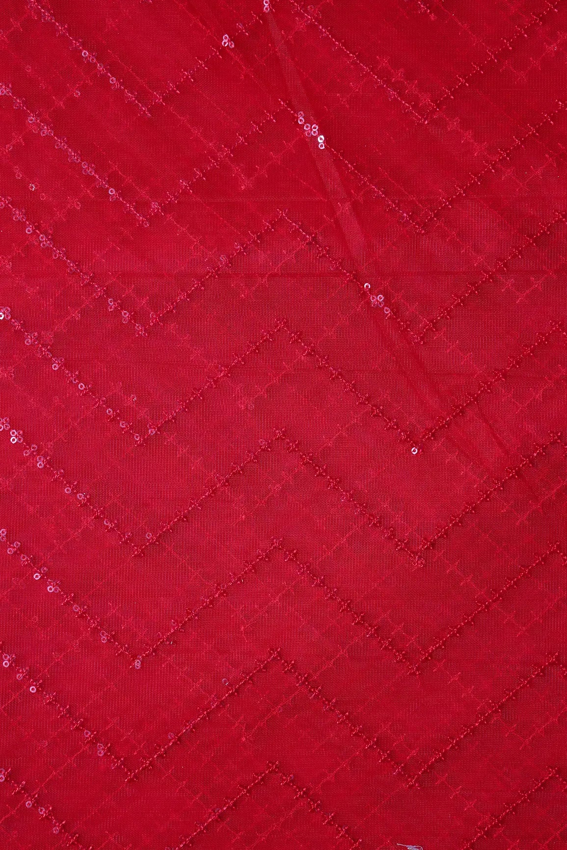 Red Sequins Chevron Embroidery Work On Red Soft Net Fabric