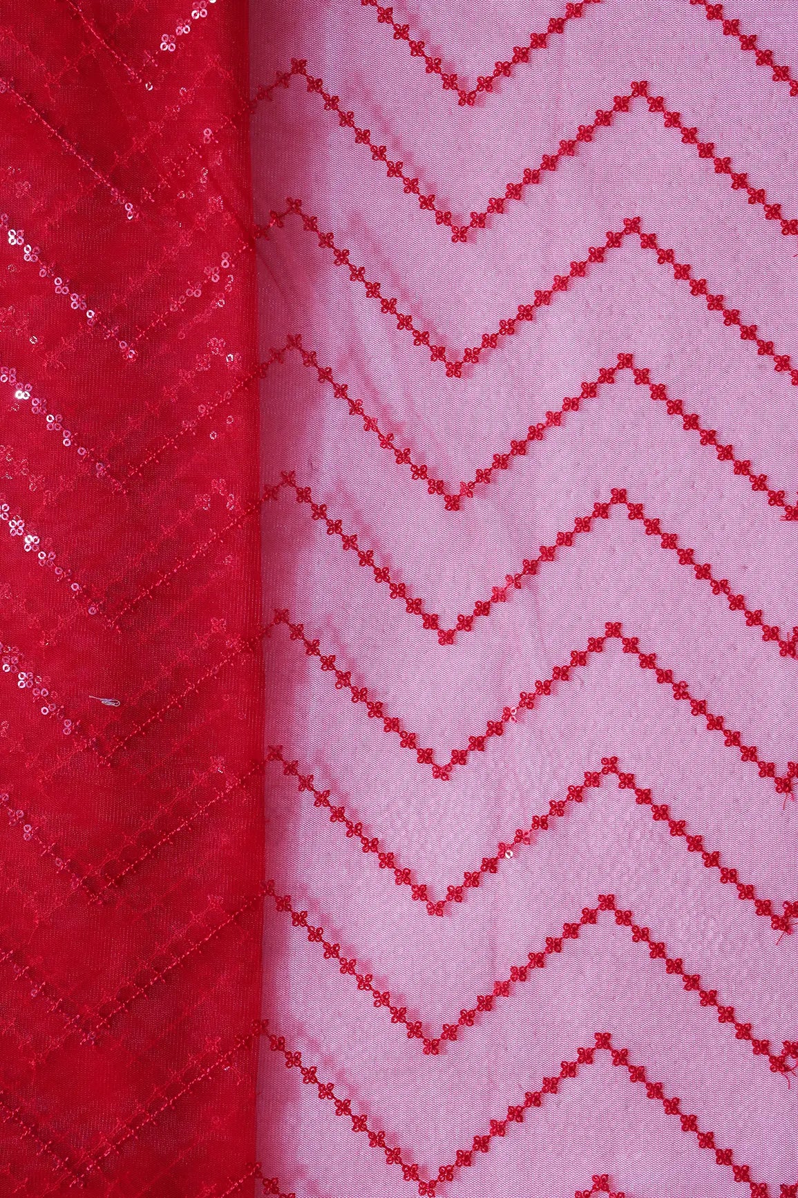 Red Sequins Chevron Embroidery Work On Red Soft Net Fabric