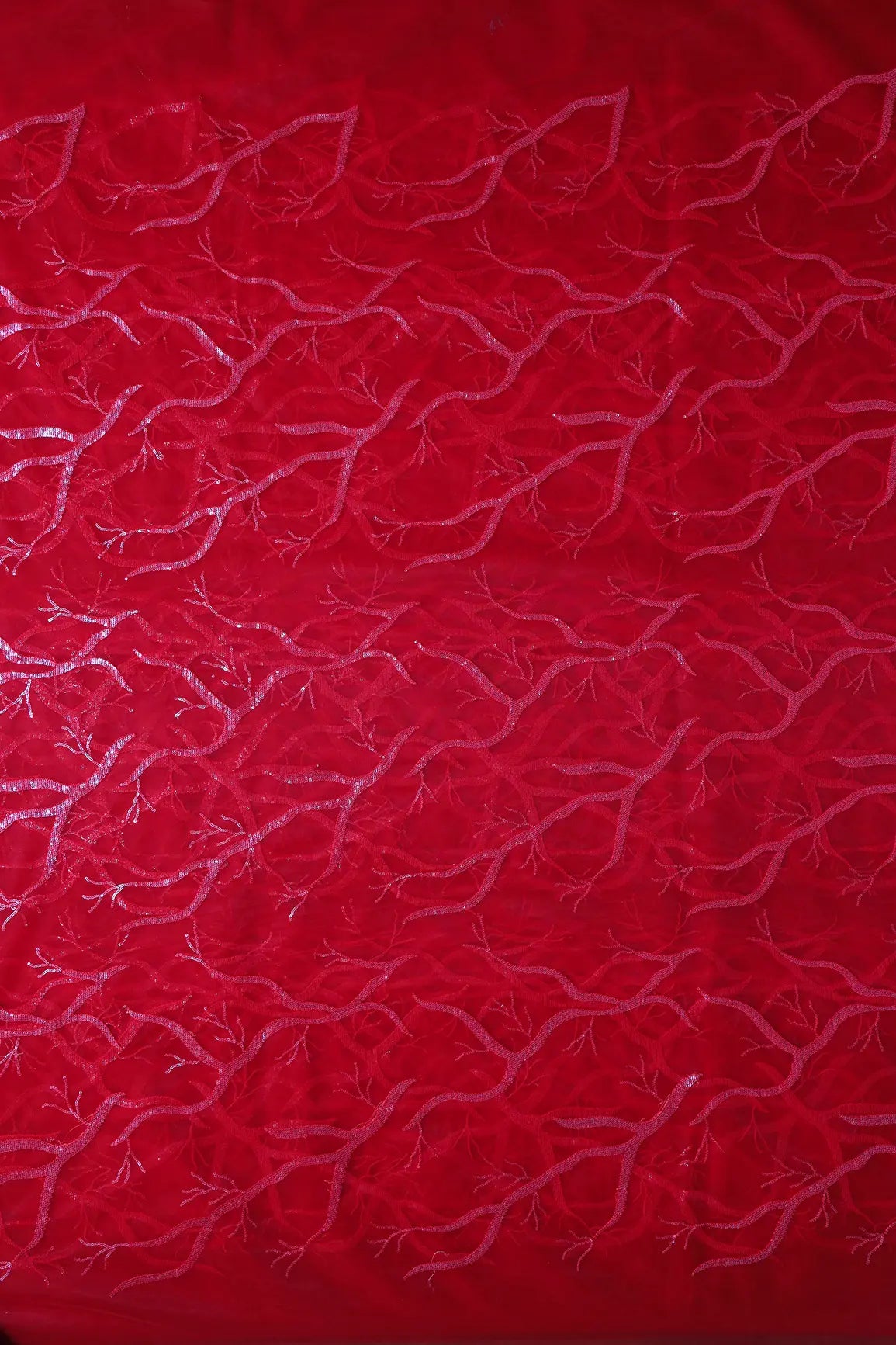 Red Thread With Water Sequins Abstract Embroidery Work On Red Soft Net Fabric