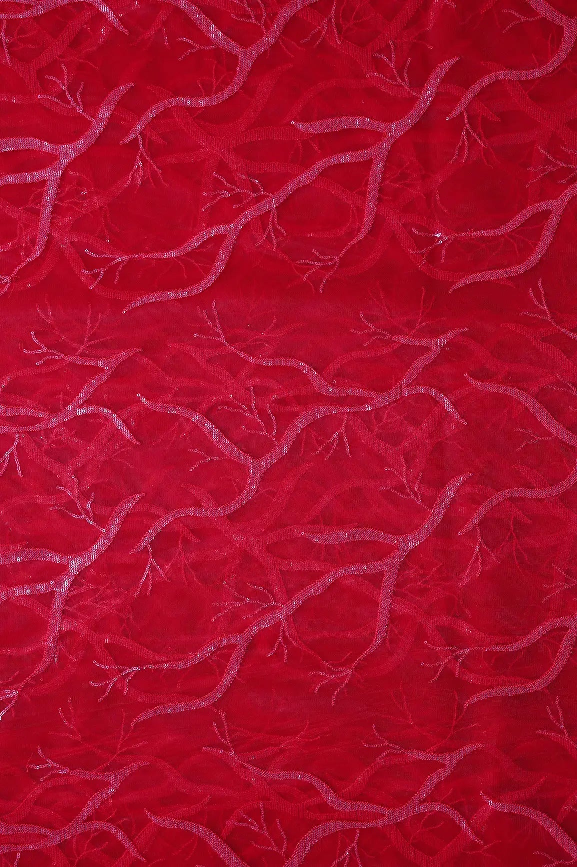 Red Thread With Water Sequins Abstract Embroidery Work On Red Soft Net Fabric