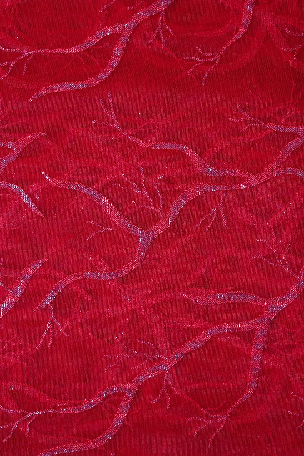 Red Thread With Water Sequins Abstract Embroidery Work On Red Soft Net Fabric