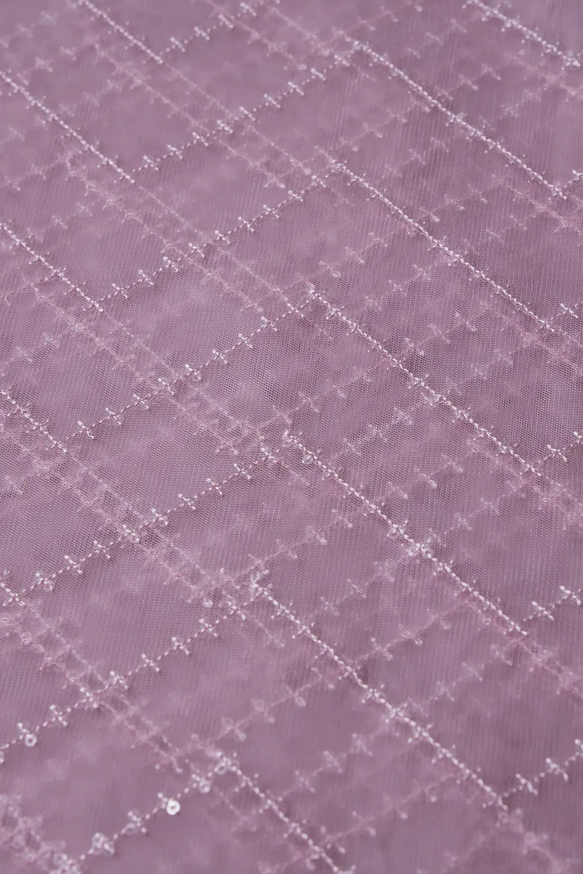 Water Sequins Chevron Embroidery Work On Lilac Soft Net Fabric