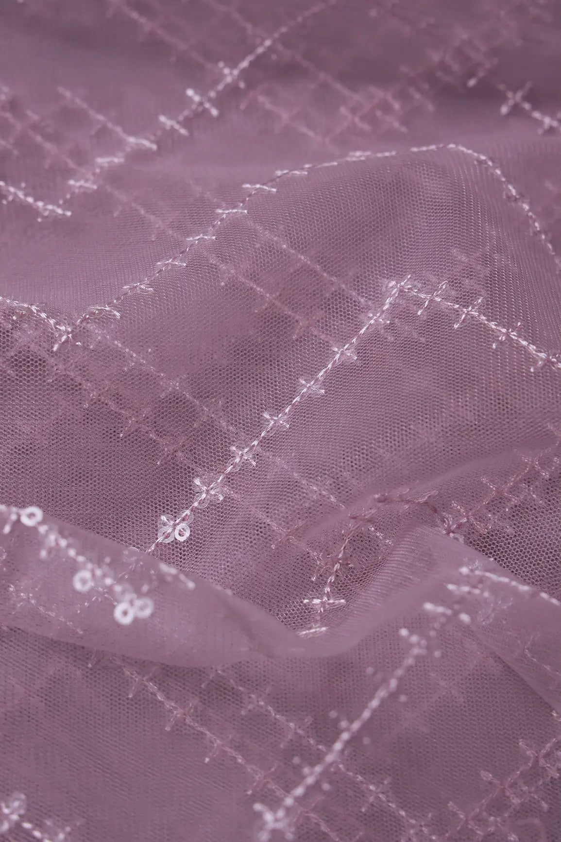 Water Sequins Chevron Embroidery Work On Lilac Soft Net Fabric