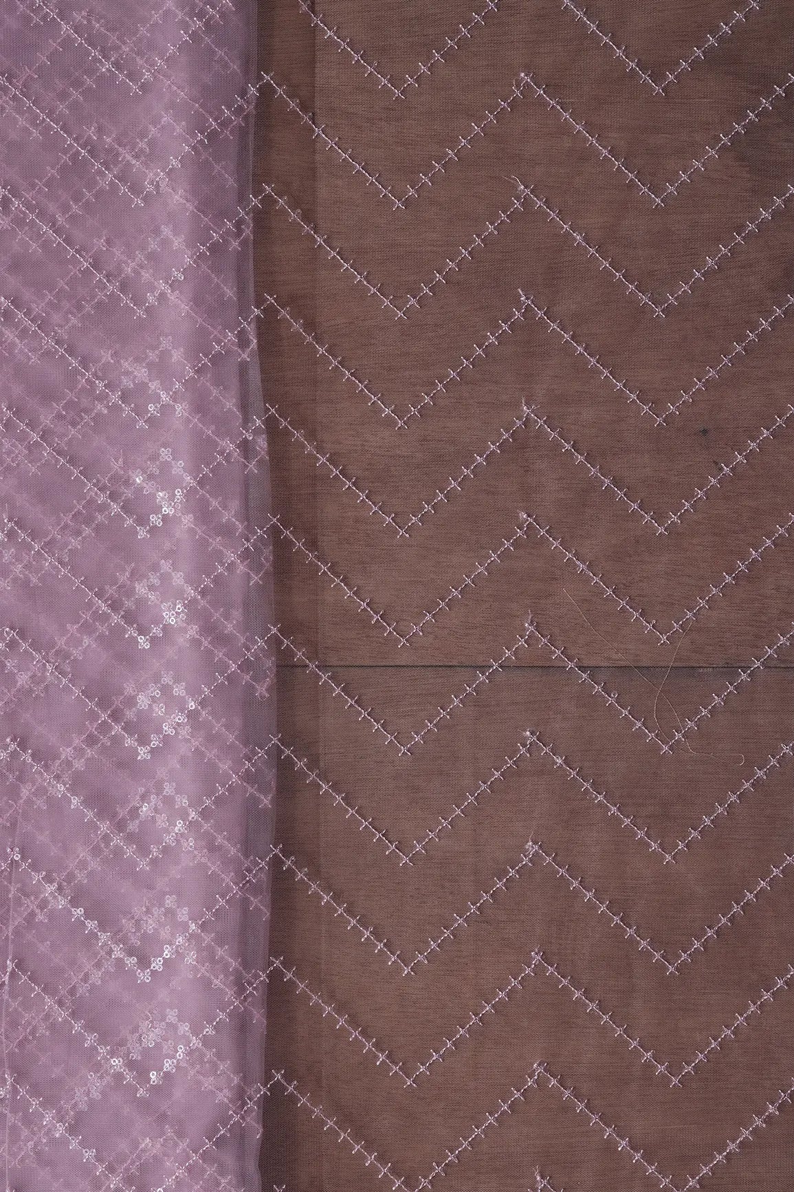 Water Sequins Chevron Embroidery Work On Lilac Soft Net Fabric