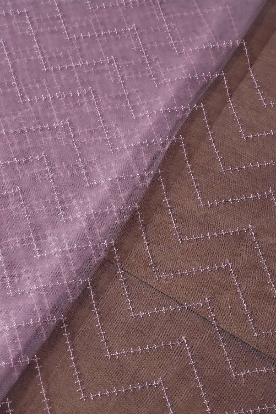 Water Sequins Chevron Embroidery Work On Lilac Soft Net Fabric