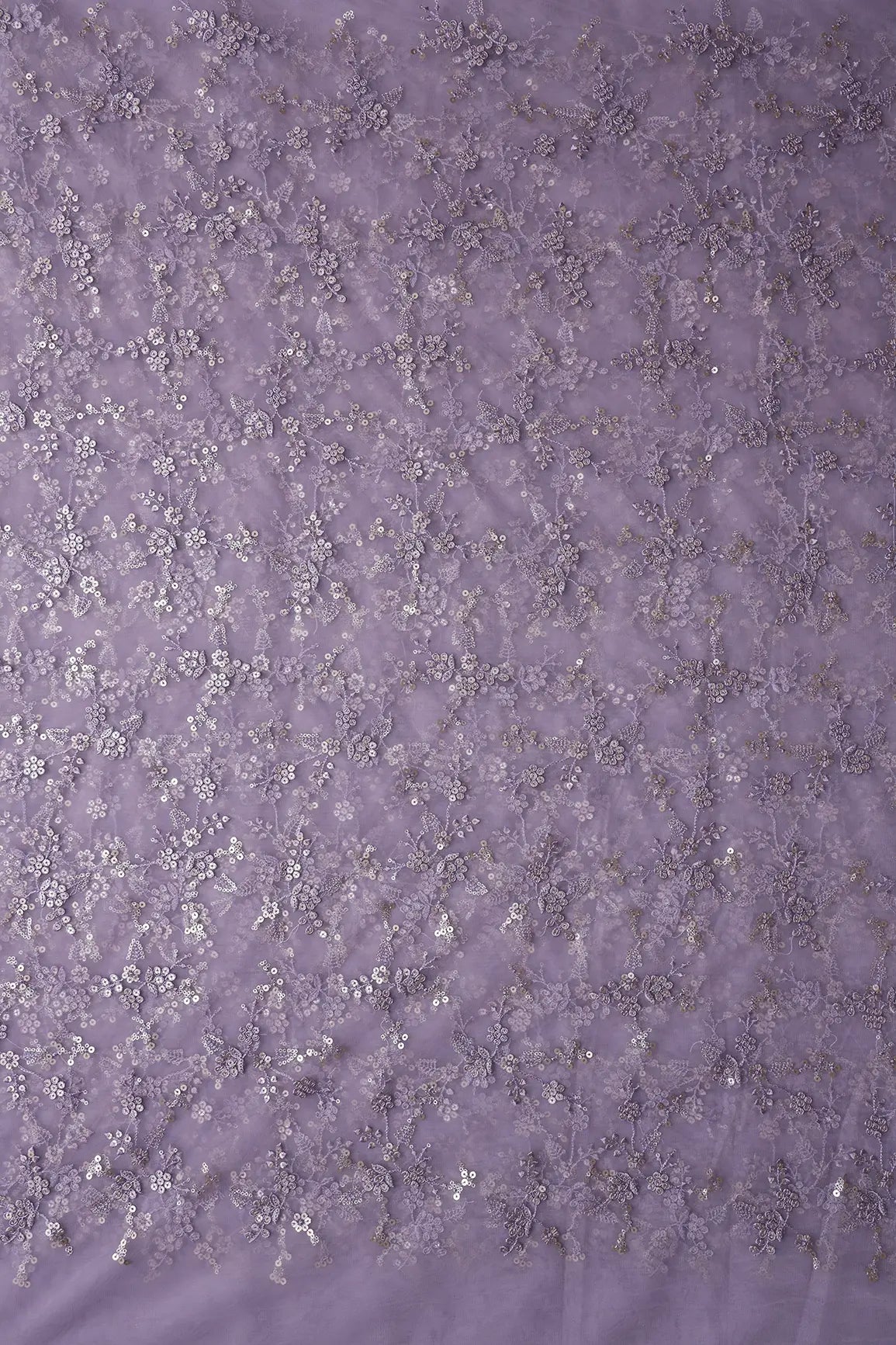 Gold Sequins With Thread Work Floral Embroidery On Lilac Soft Net Fabric