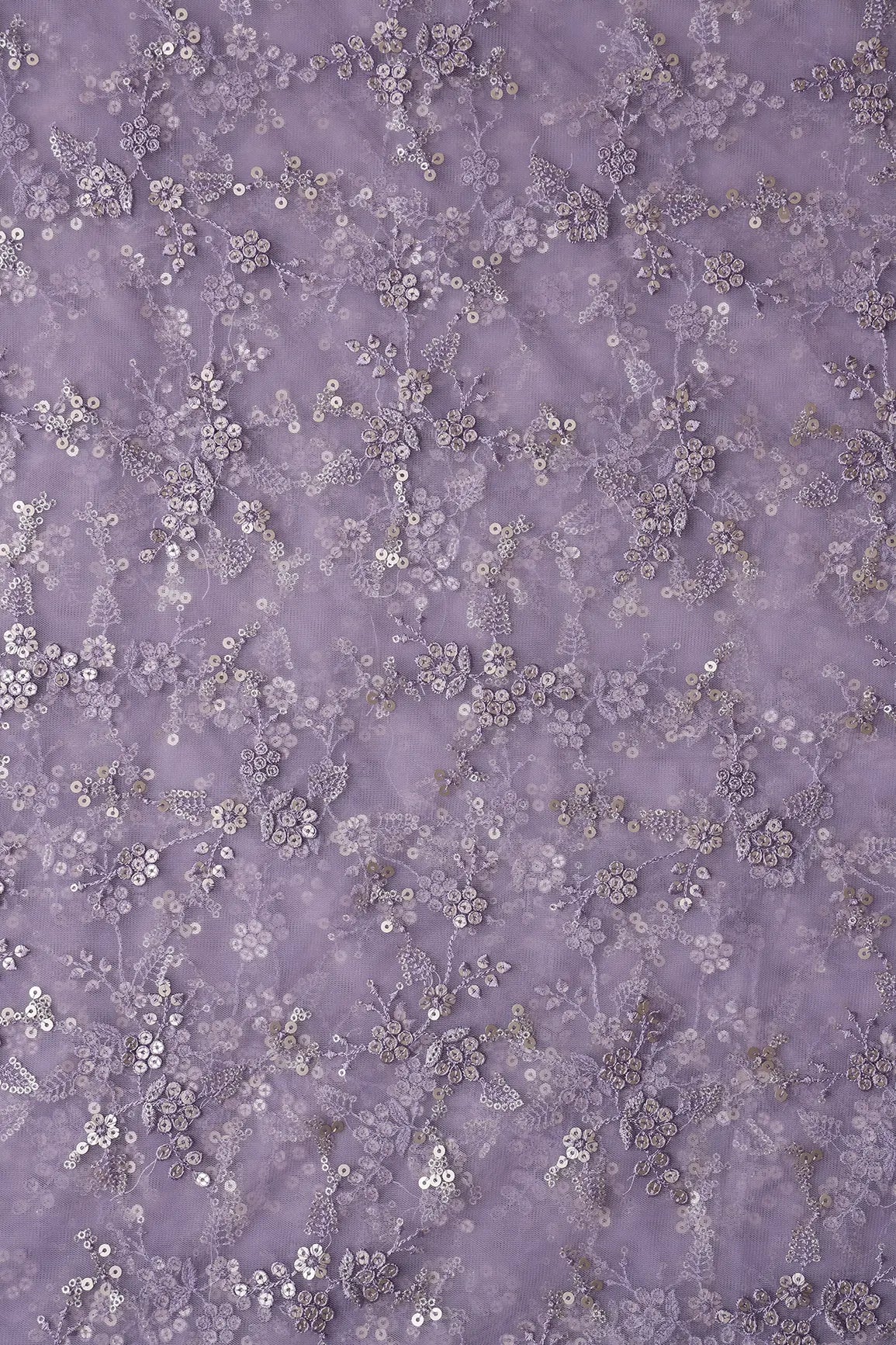 Gold Sequins With Thread Work Floral Embroidery On Lilac Soft Net Fabric