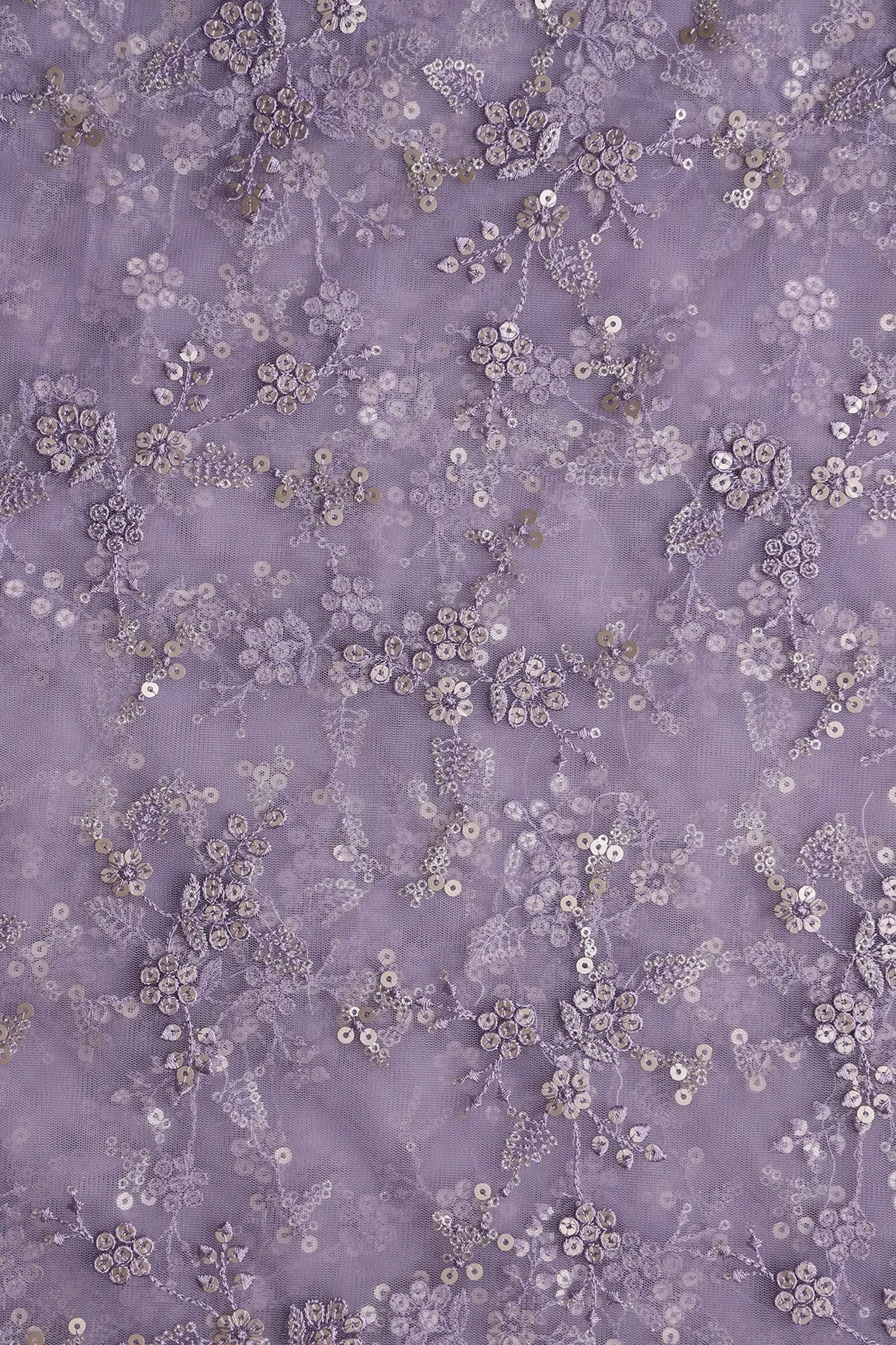 Gold Sequins With Thread Work Floral Embroidery On Lilac Soft Net Fabric