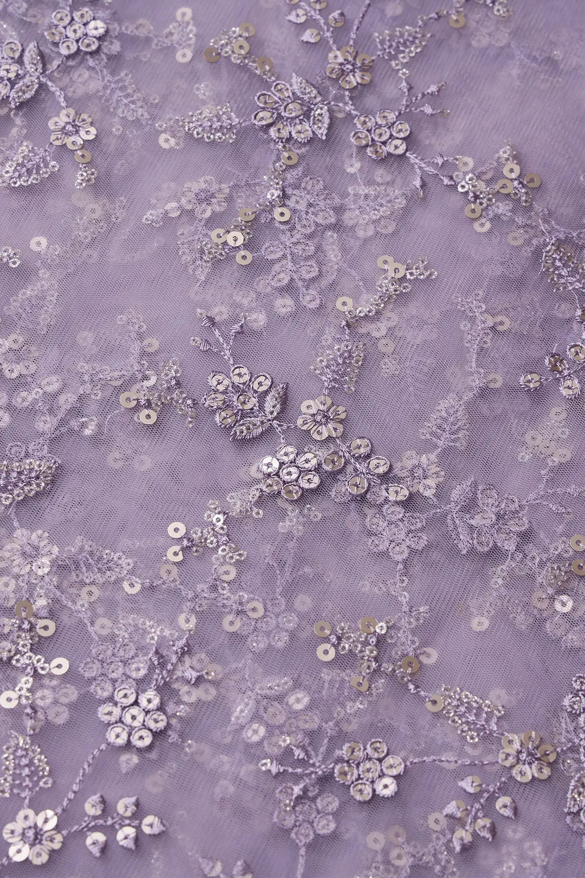 Gold Sequins With Thread Work Floral Embroidery On Lilac Soft Net Fabric