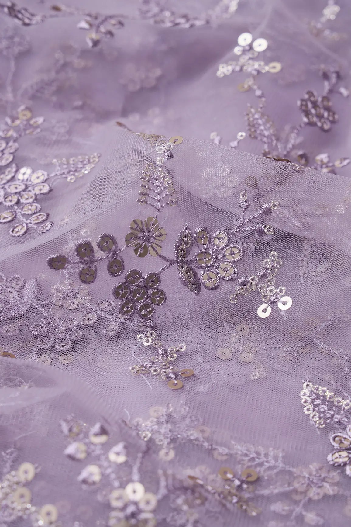 Gold Sequins With Thread Work Floral Embroidery On Lilac Soft Net Fabric