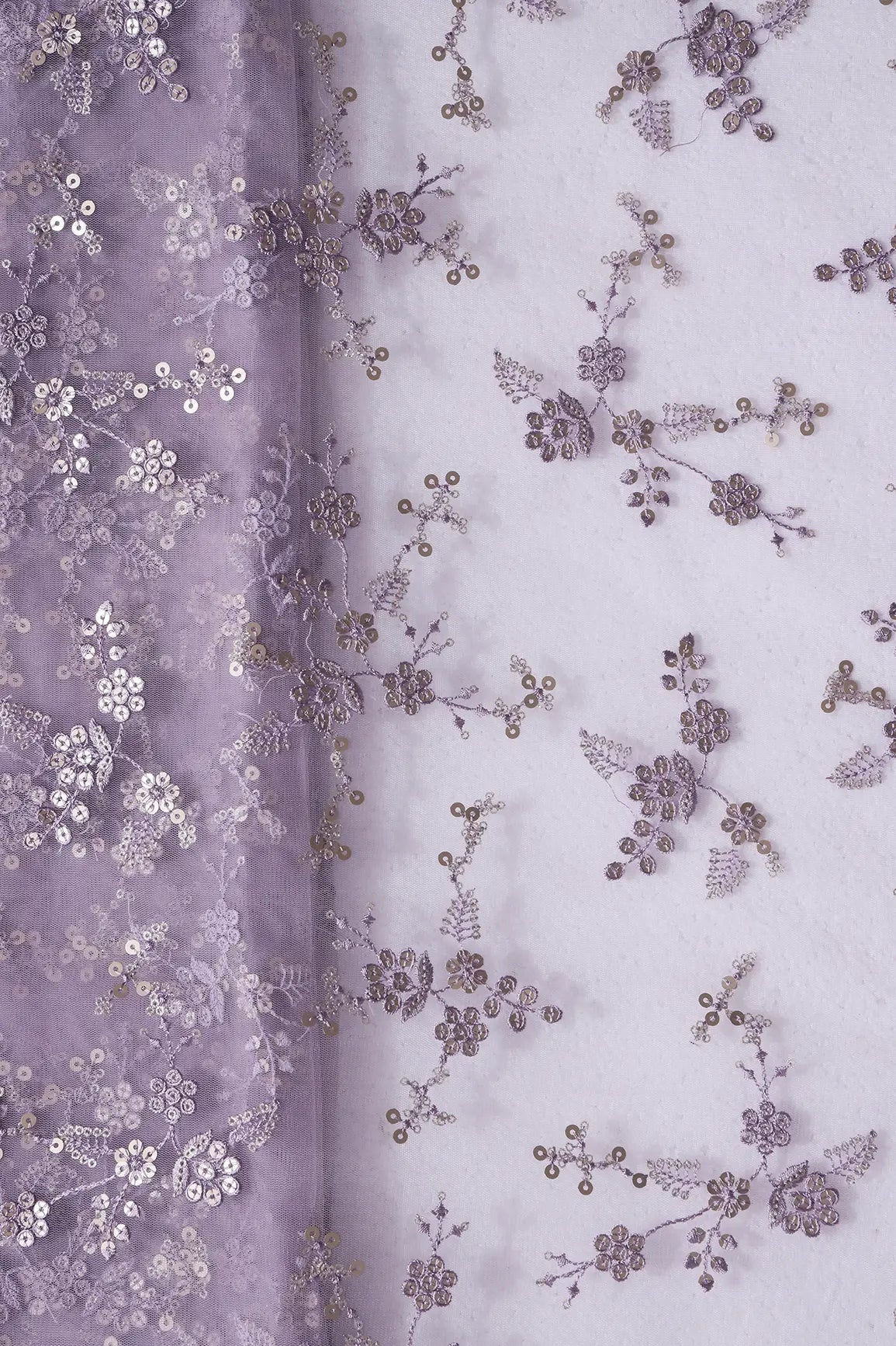 Gold Sequins With Thread Work Floral Embroidery On Lilac Soft Net Fabric