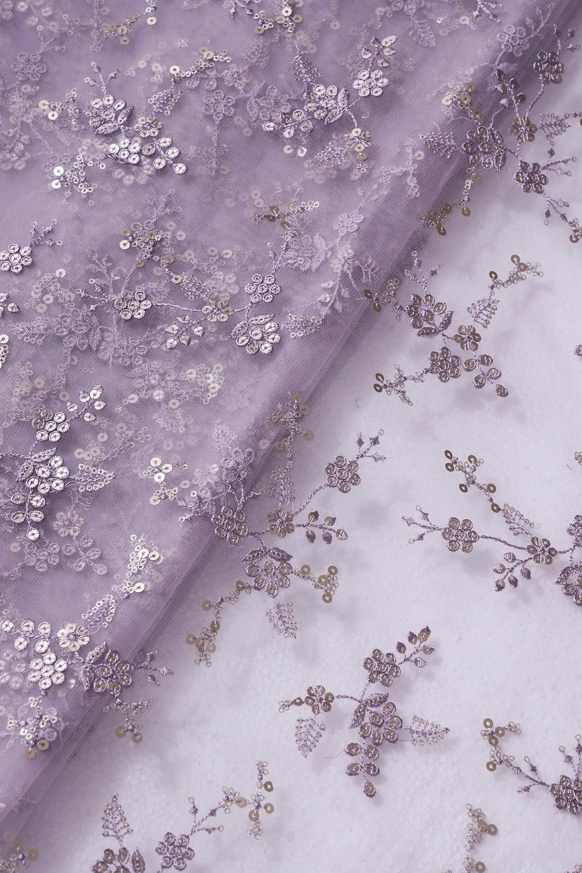 Gold Sequins With Thread Work Floral Embroidery On Lilac Soft Net Fabric