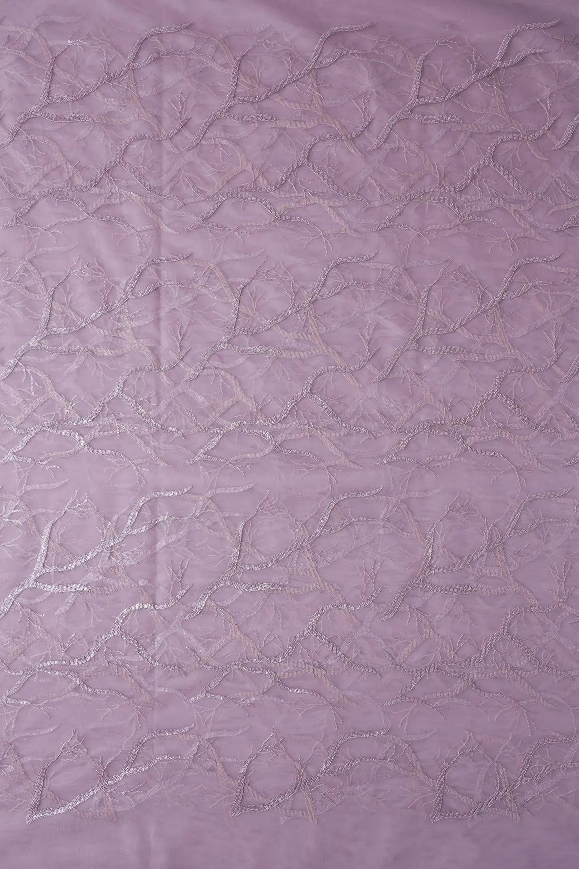 Lilac Thread With Water Sequins Abstract Embroidery Work On Lilac Soft Net Fabric