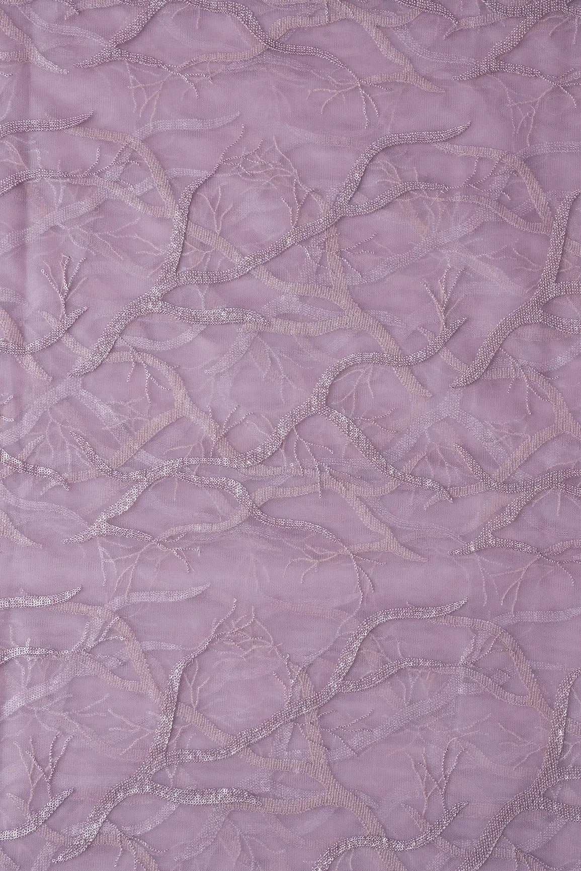 Lilac Thread With Water Sequins Abstract Embroidery Work On Lilac Soft Net Fabric