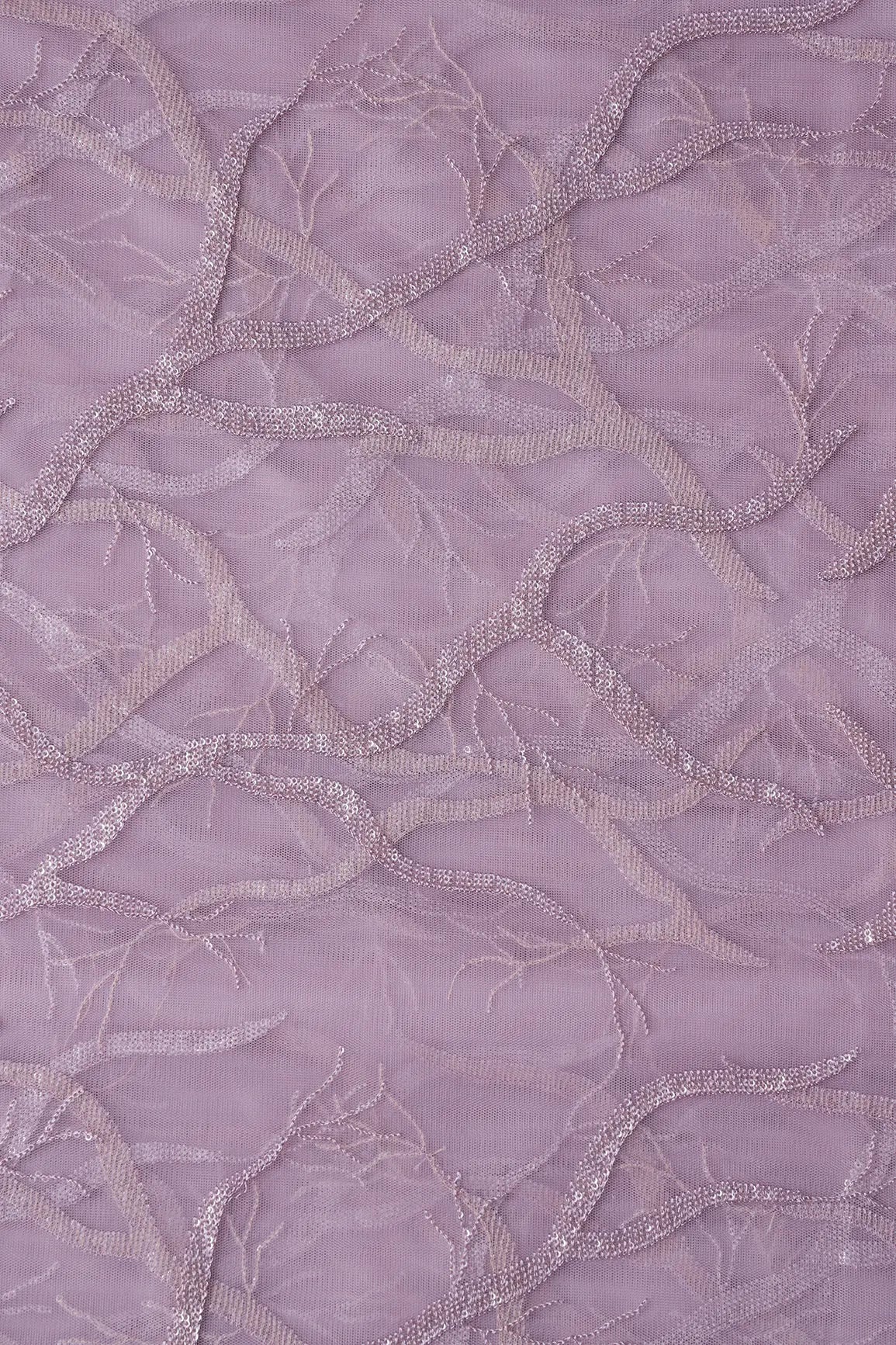 Lilac Thread With Water Sequins Abstract Embroidery Work On Lilac Soft Net Fabric