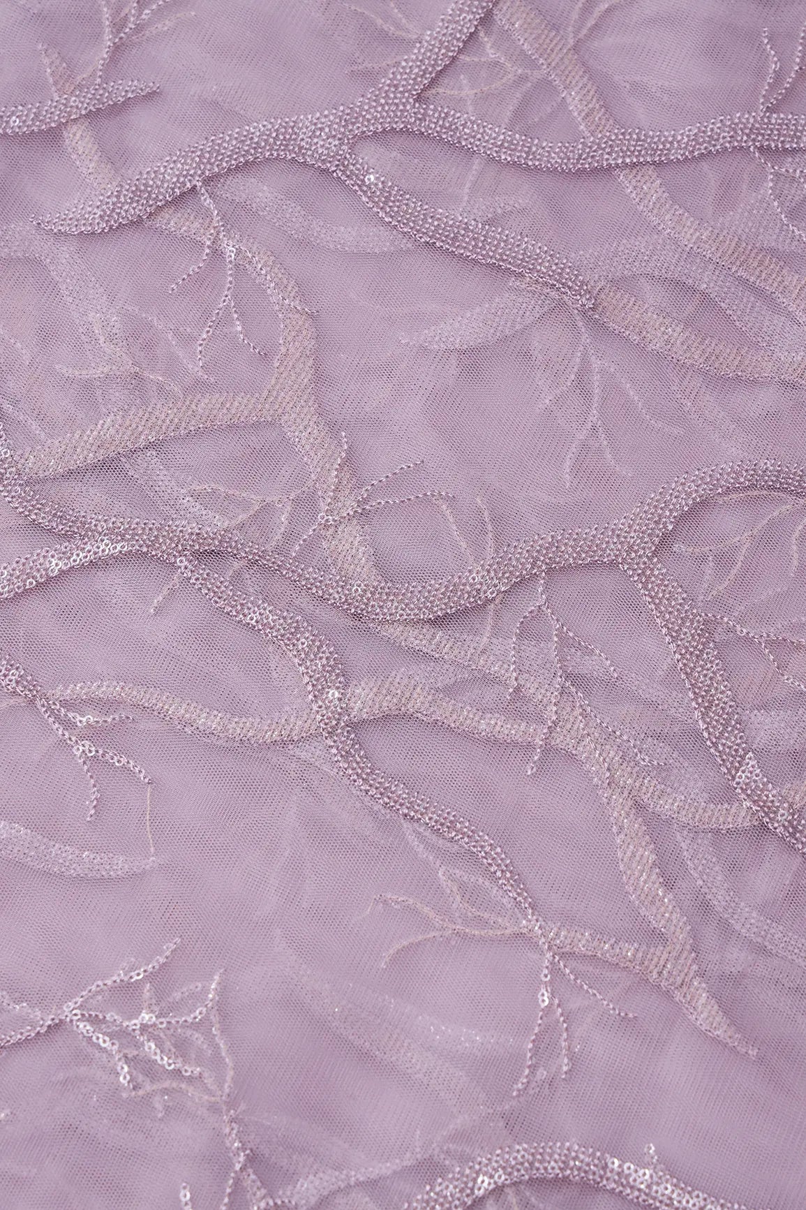 Lilac Thread With Water Sequins Abstract Embroidery Work On Lilac Soft Net Fabric