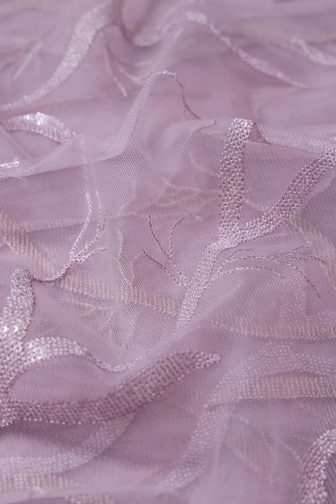 Lilac Thread With Water Sequins Abstract Embroidery Work On Lilac Soft Net Fabric