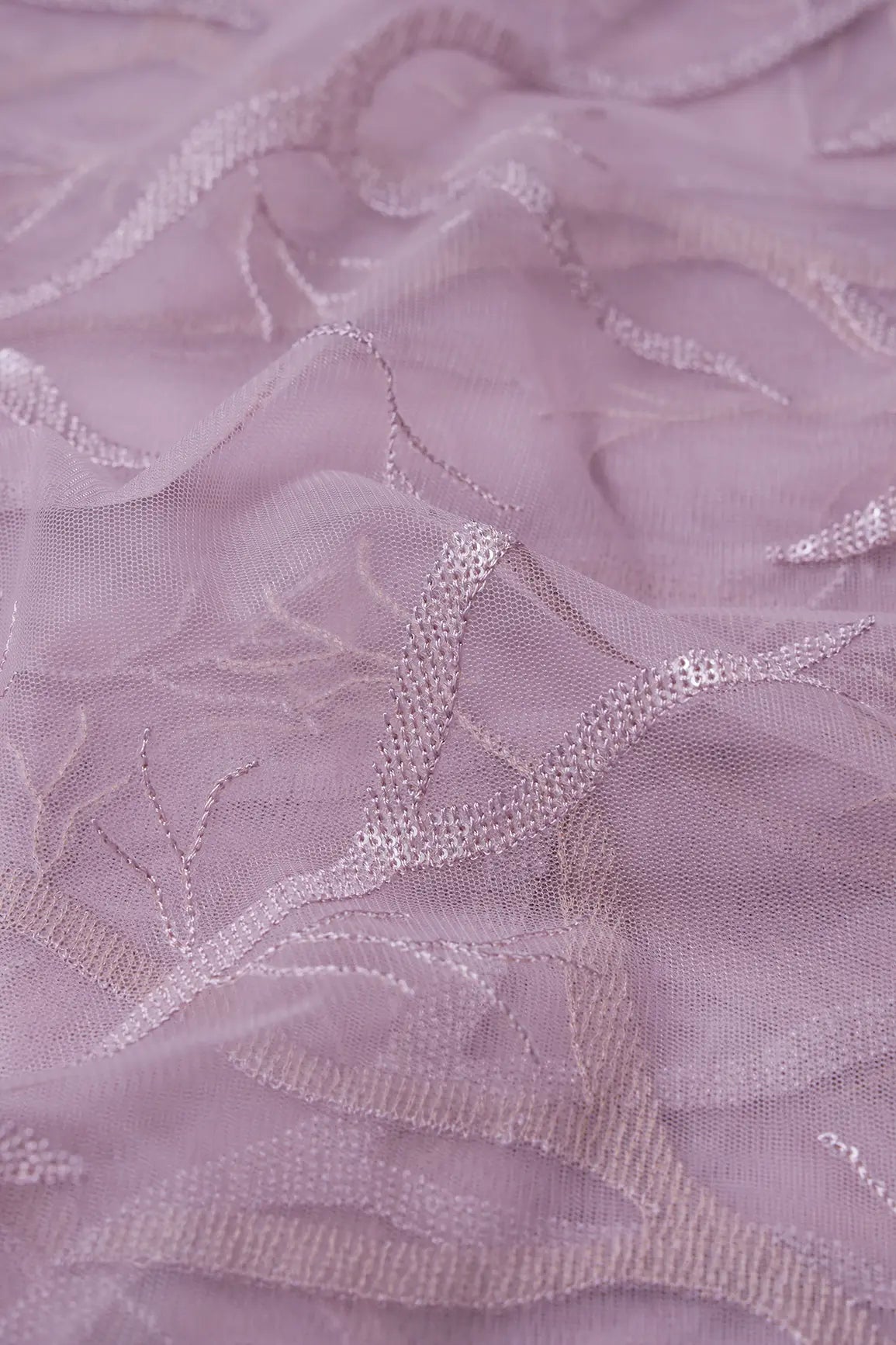 Lilac Thread With Water Sequins Abstract Embroidery Work On Lilac Soft Net Fabric