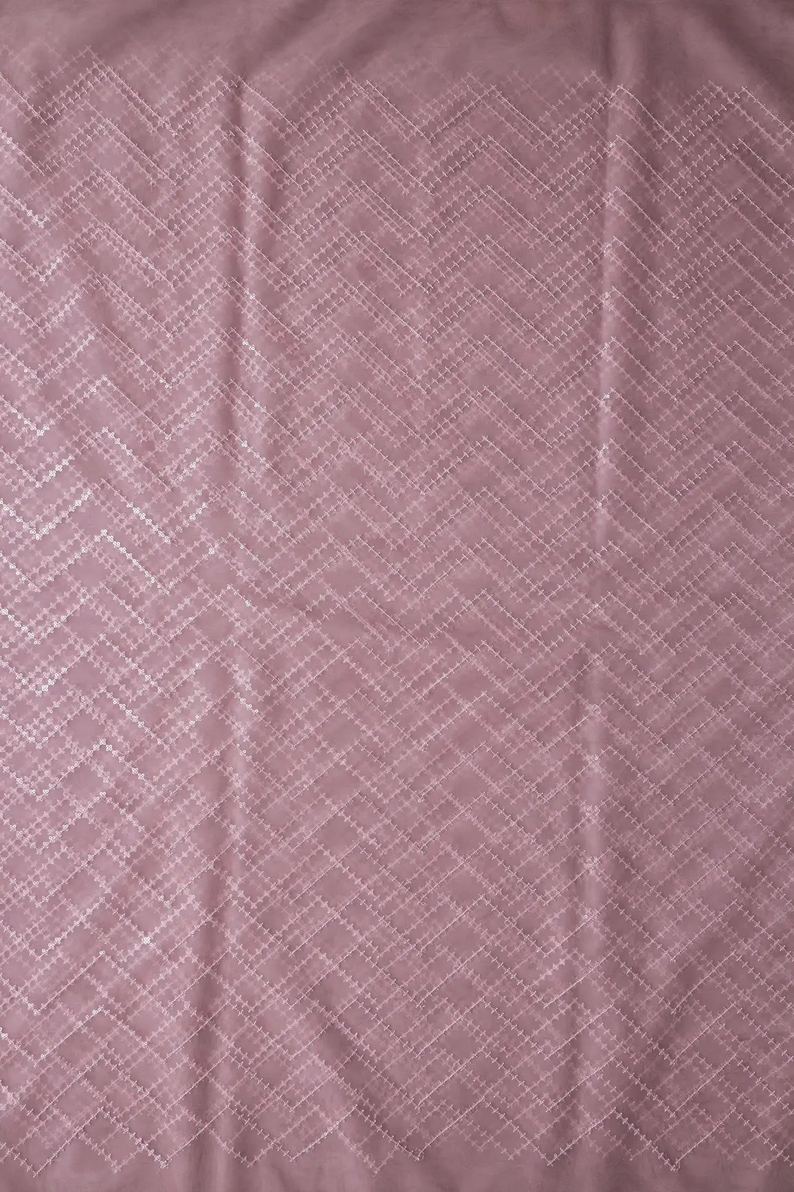 Water Sequins Chevron Embroidery Work On Mauve Soft Net Fabric