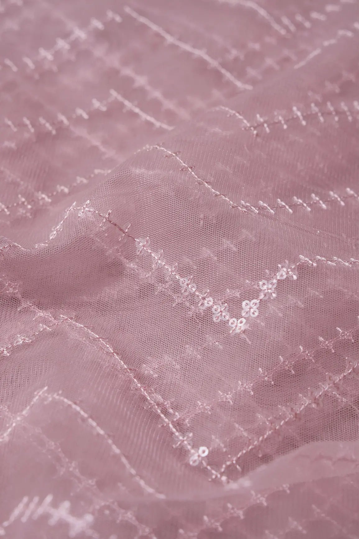 Water Sequins Chevron Embroidery Work On Mauve Soft Net Fabric