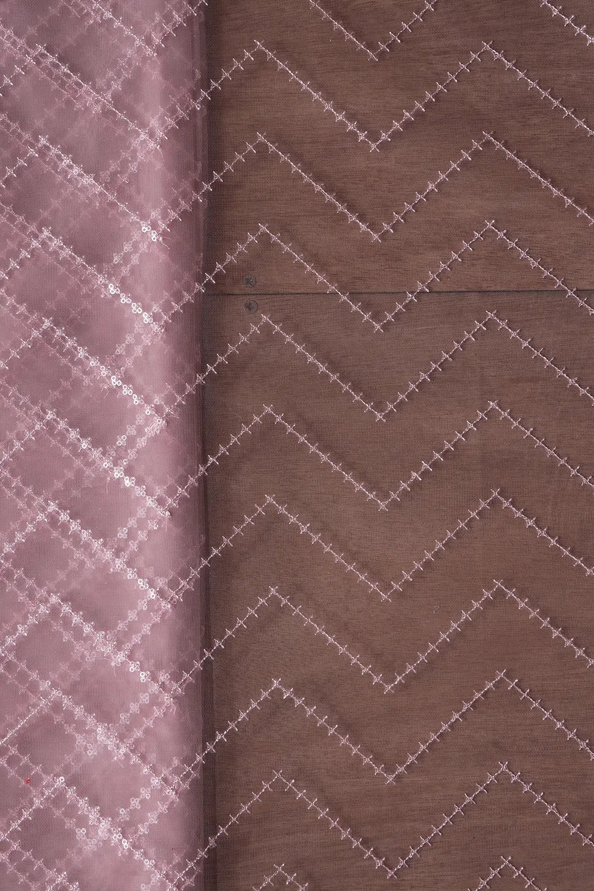 Water Sequins Chevron Embroidery Work On Mauve Soft Net Fabric