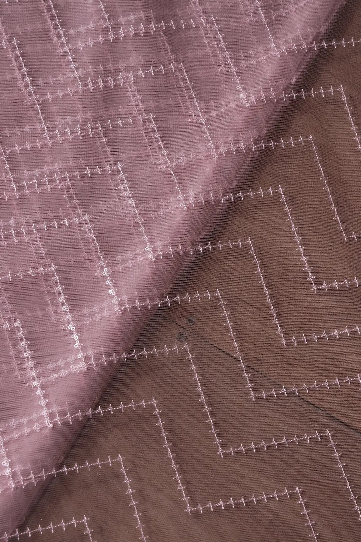 Water Sequins Chevron Embroidery Work On Mauve Soft Net Fabric