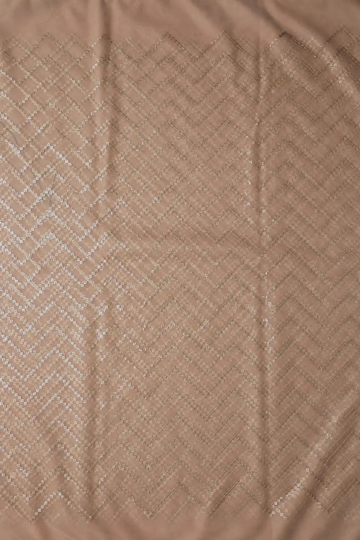 Gold Sequins Chevron Embroidery Work On Beige Soft Net Fabric