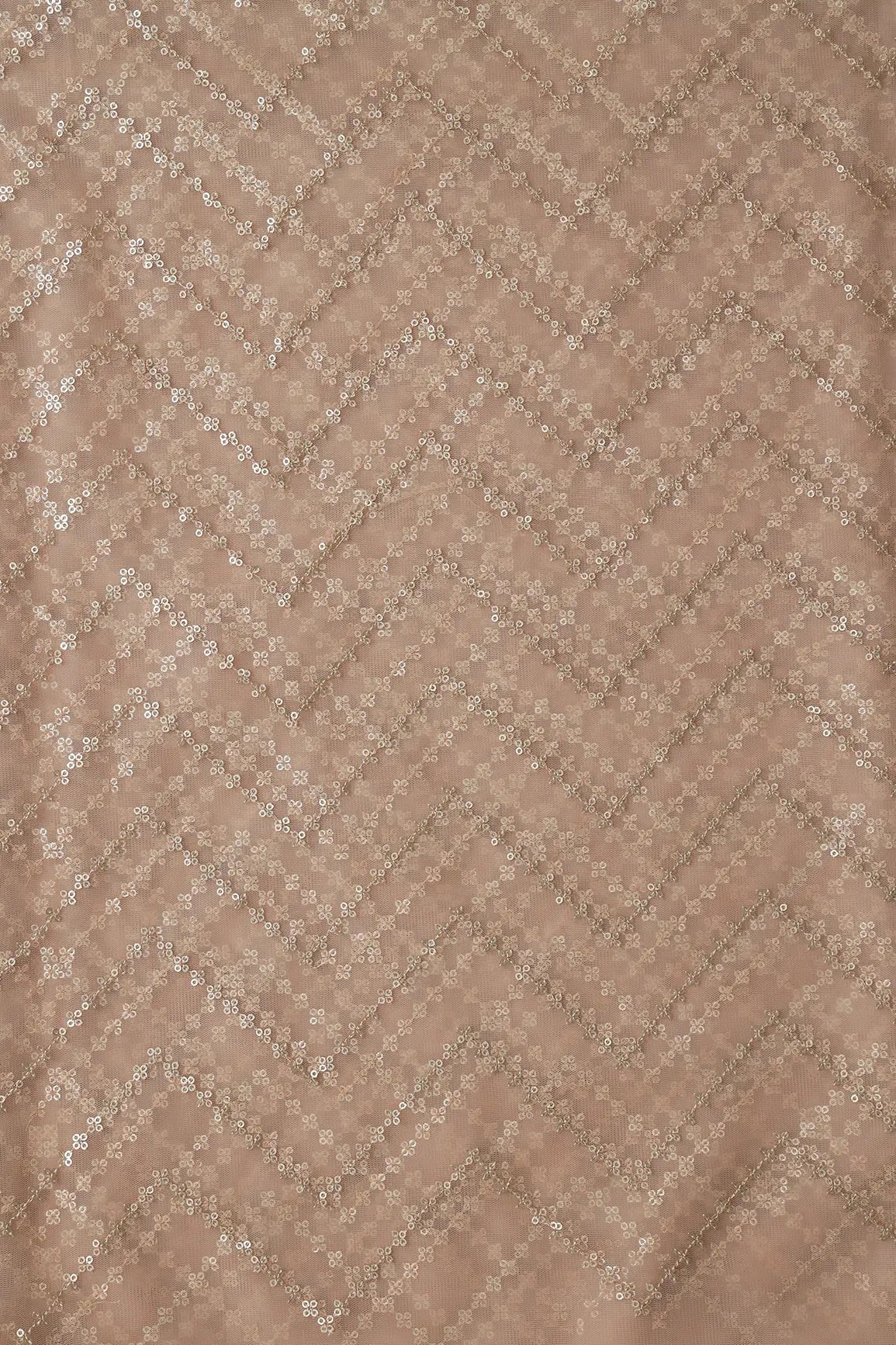 Gold Sequins Chevron Embroidery Work On Beige Soft Net Fabric