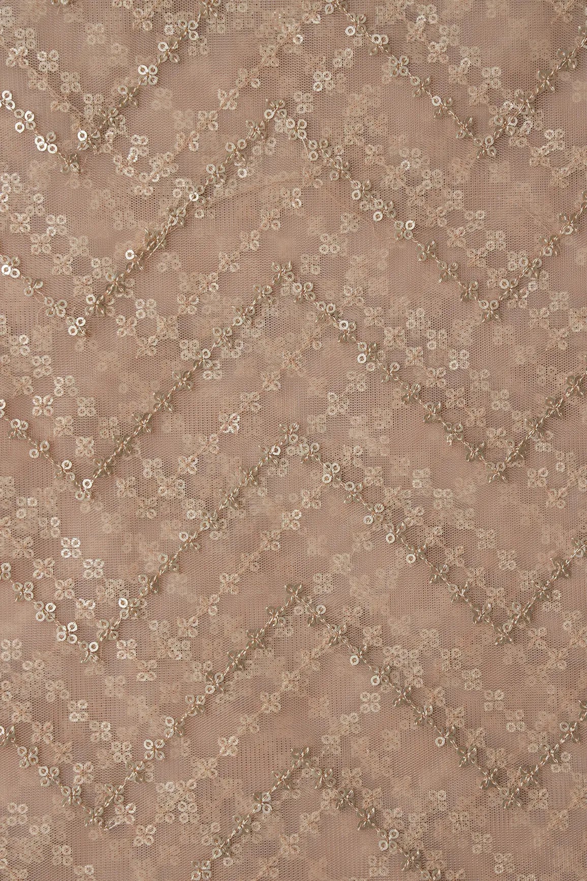 Gold Sequins Chevron Embroidery Work On Beige Soft Net Fabric