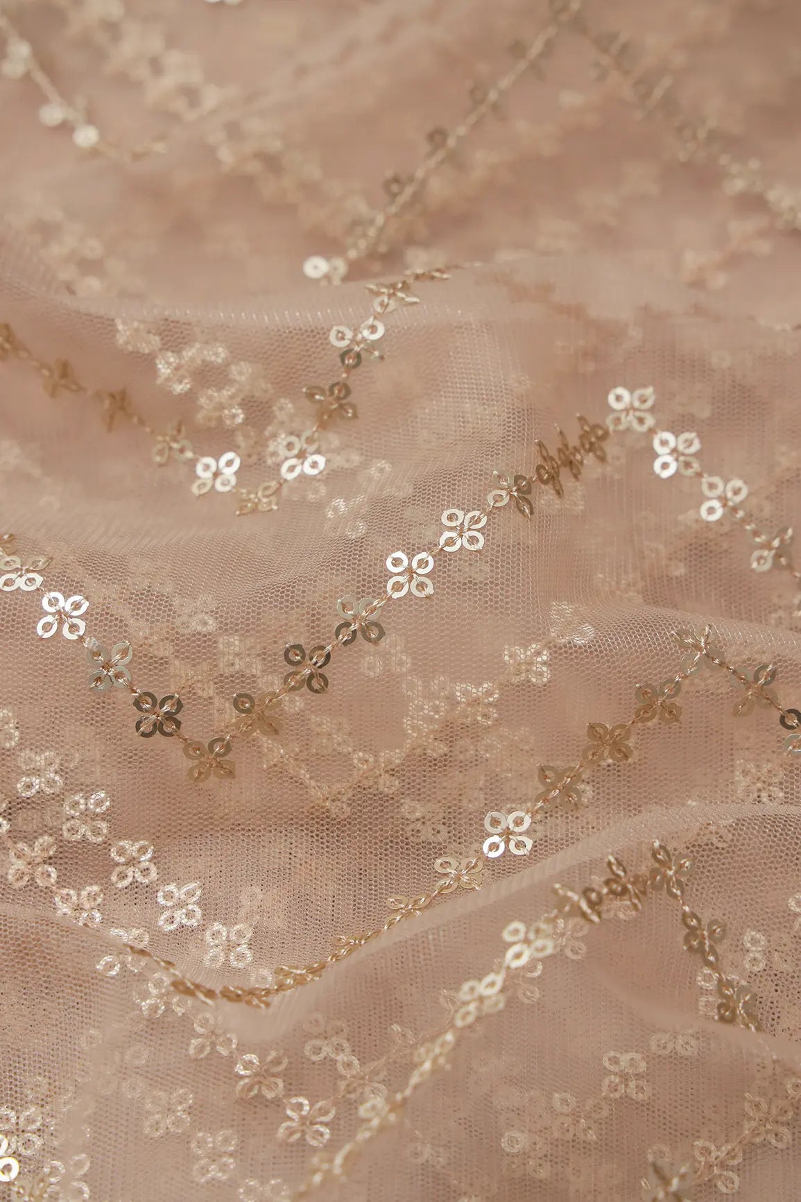 Gold Sequins Chevron Embroidery Work On Beige Soft Net Fabric