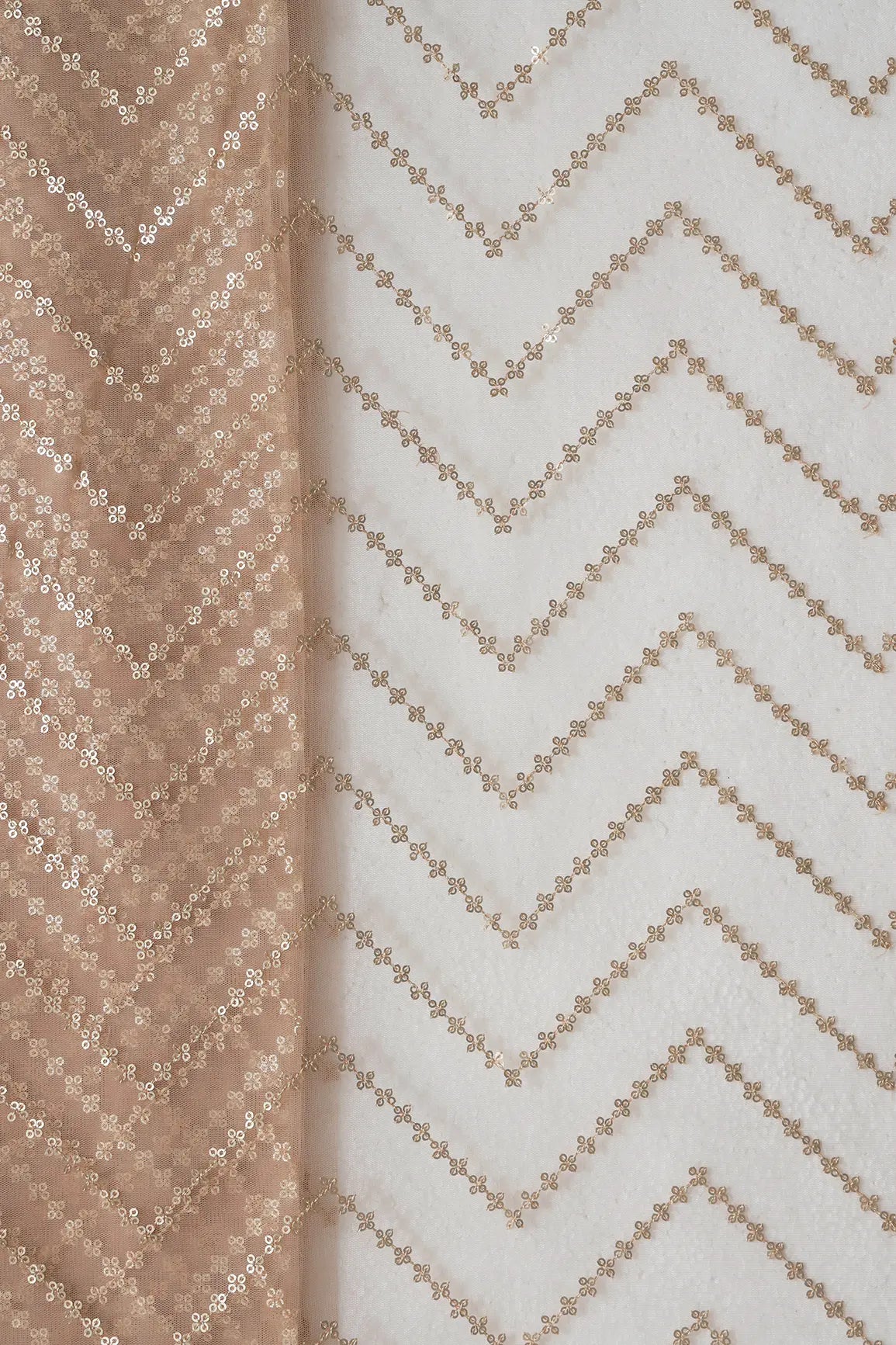 Gold Sequins Chevron Embroidery Work On Beige Soft Net Fabric